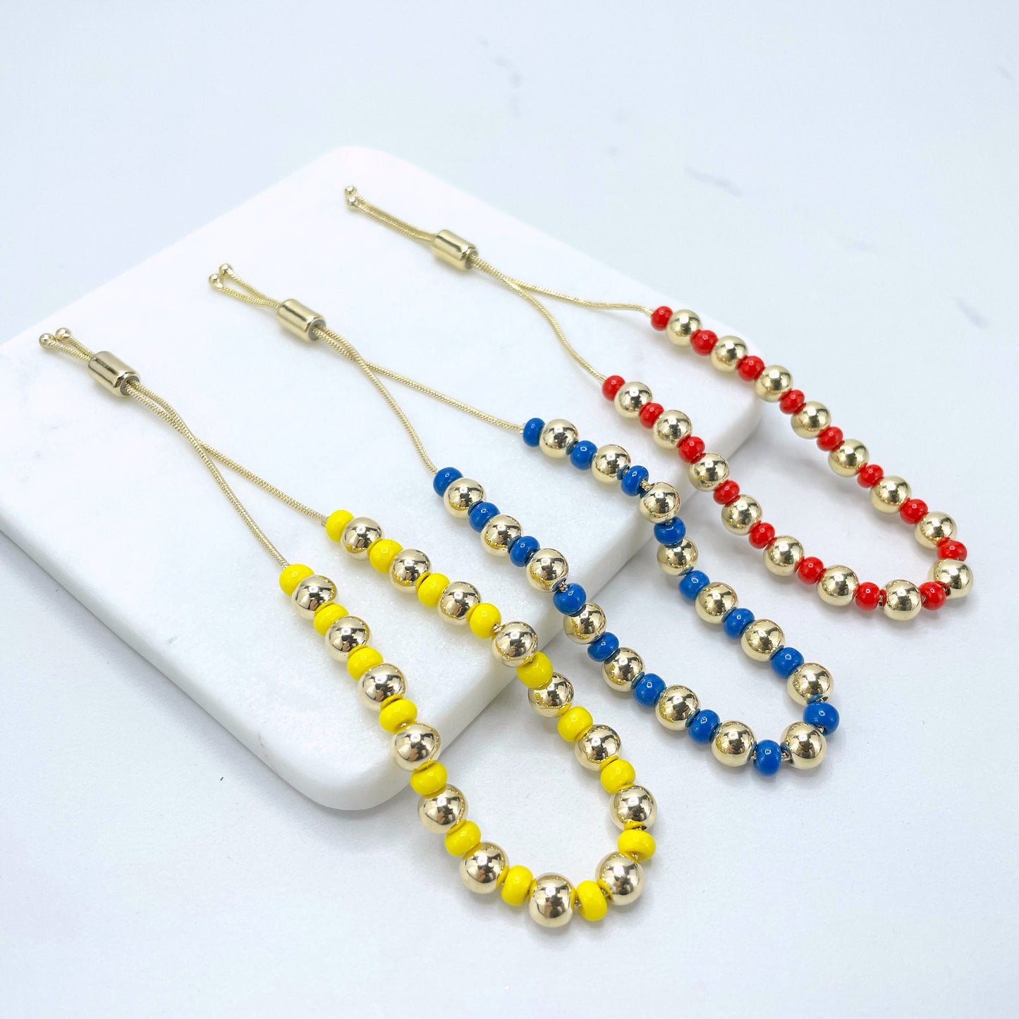 18k Gold Filled 1mm Box Chain in Gold & Colored Beads, Red, Blue or Yellow, Adjustable Bracelet, Wholesale Jewelry Making Supplies
