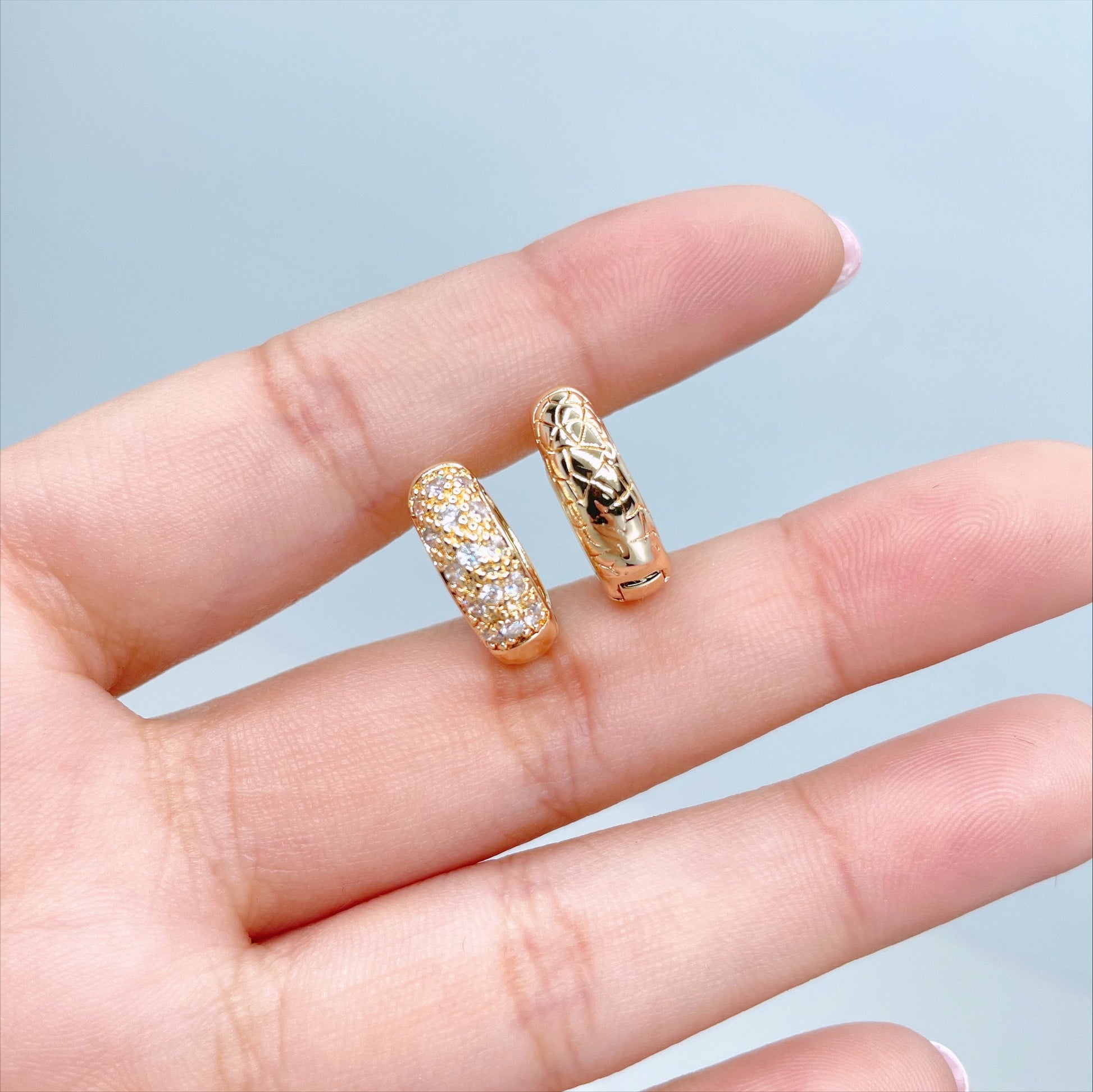 18k Gold Filled 16mm Texturized Huggie Earrings with Micro Cubic Zirconia, Wholesale Jewelry Making Supplies