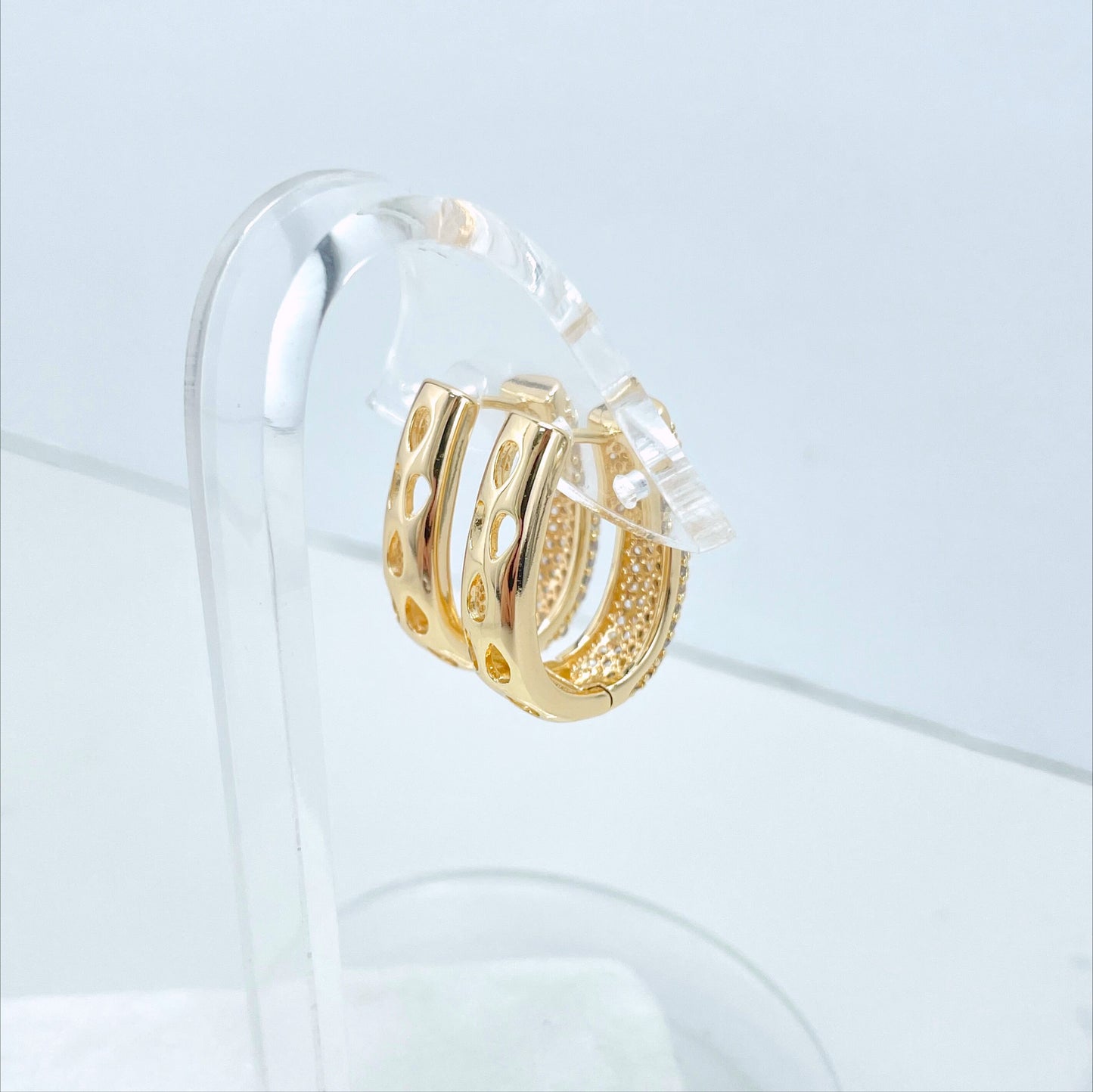 18k Gold Filled with Micro Cubic Zirconia, Hole Tear, 24mm Huggie Earrings, 6mm Thickness, Wholesale Jewelry Making Supplie