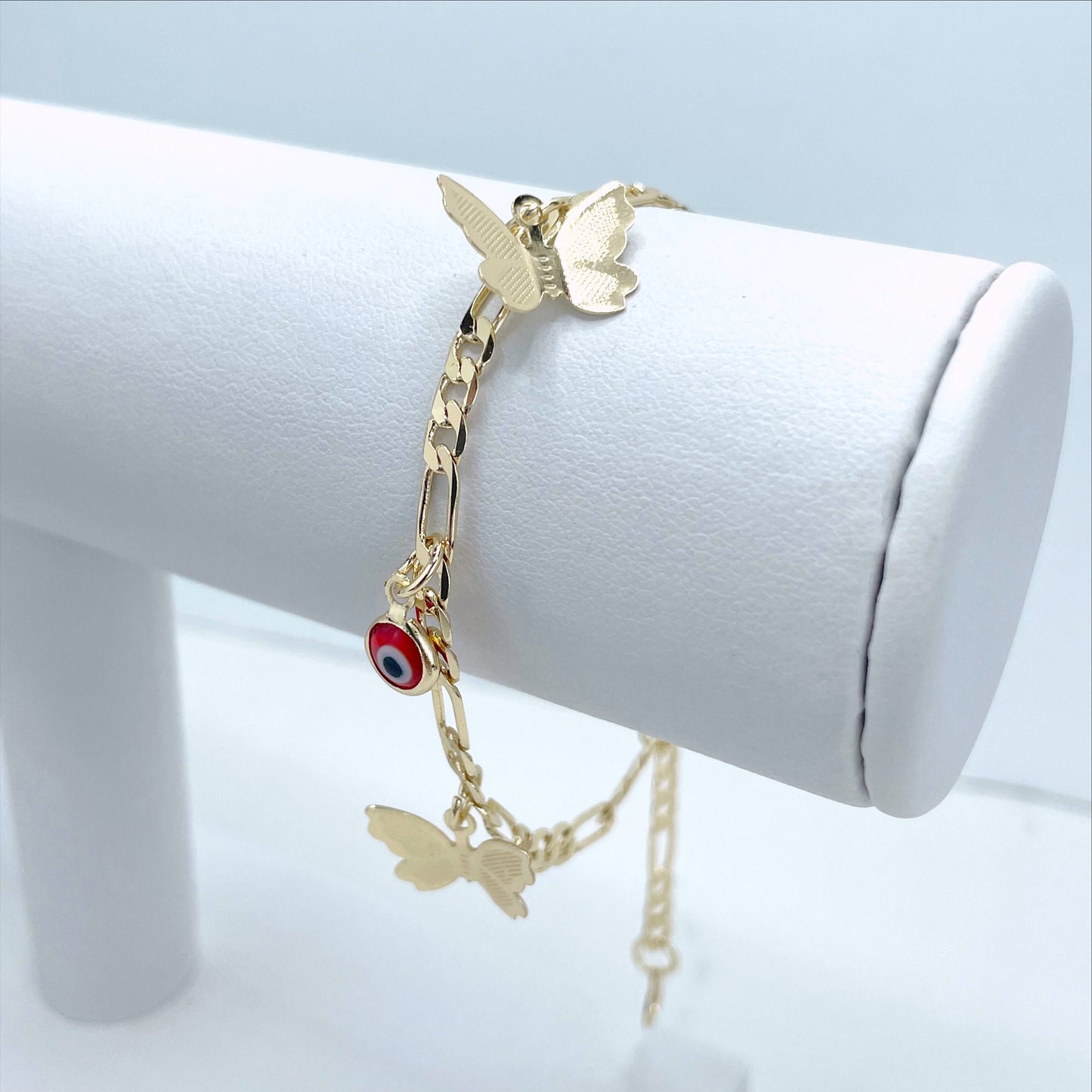 18k Gold Filled Set with Necklace, Earrings & Bracelet, 4mm Figaro Chain, Red Evil Eyes and Butterflies Shape Charms, Wholesale Jewelry