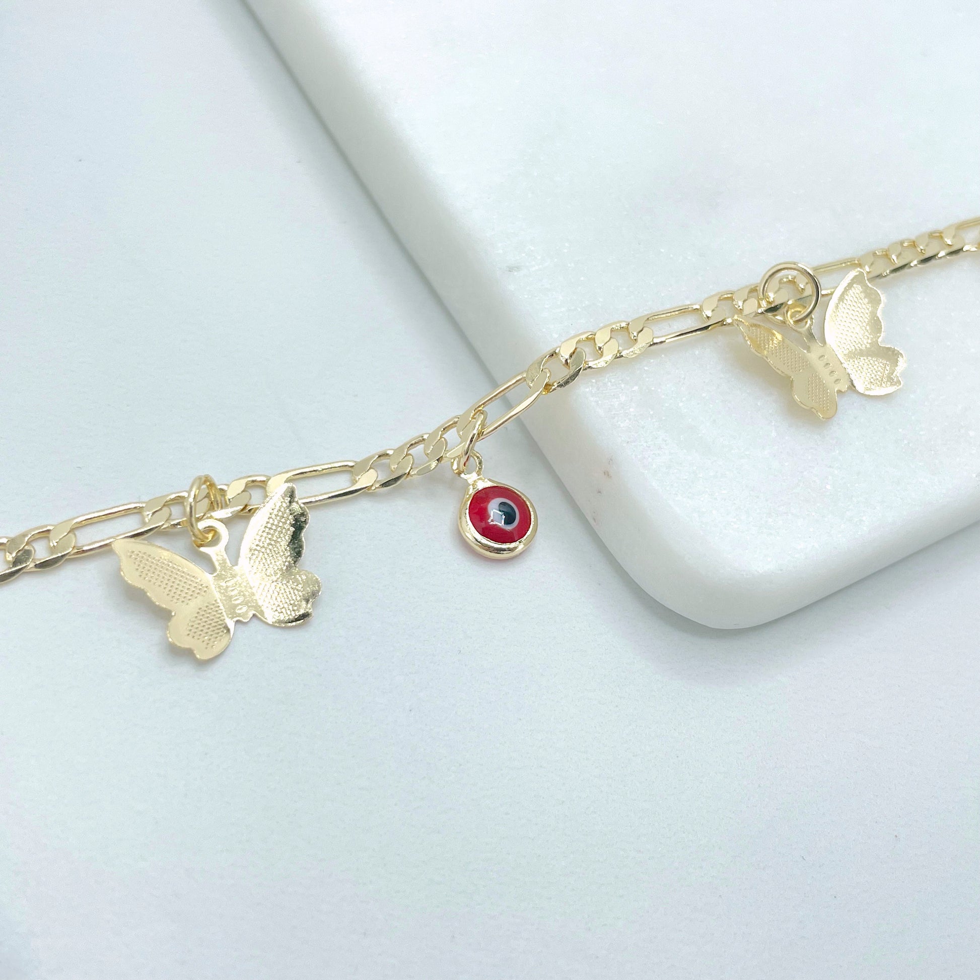 18k Gold Filled Set with Necklace, Earrings & Bracelet, 4mm Figaro Chain, Red Evil Eyes and Butterflies Shape Charms, Wholesale Jewelry