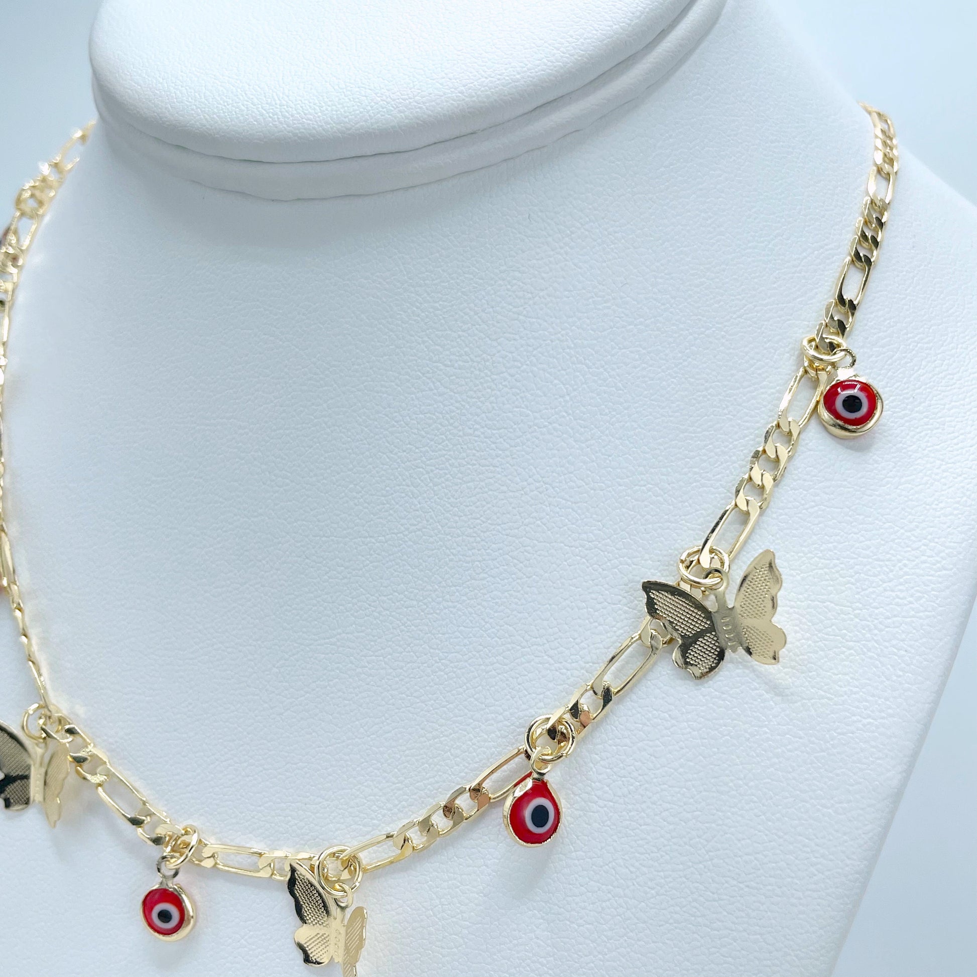 18k Gold Filled Set with Necklace, Earrings & Bracelet, 4mm Figaro Chain, Red Evil Eyes and Butterflies Shape Charms, Wholesale Jewelry