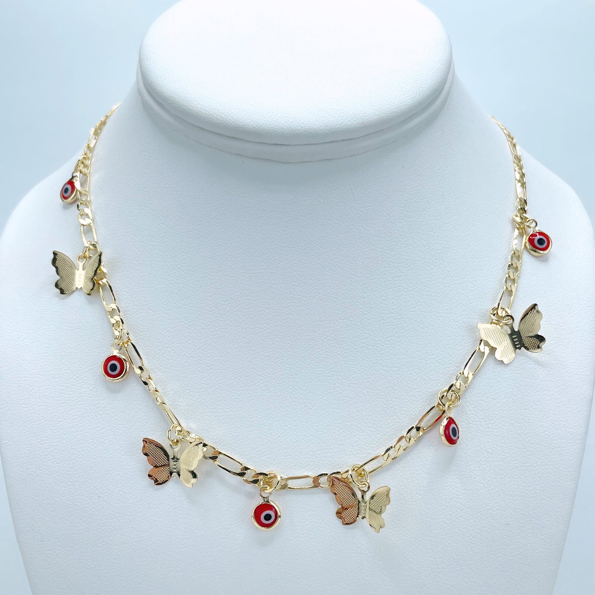 18k Gold Filled Set with Necklace, Earrings & Bracelet, 4mm Figaro Chain, Red Evil Eyes and Butterflies Shape Charms, Wholesale Jewelry