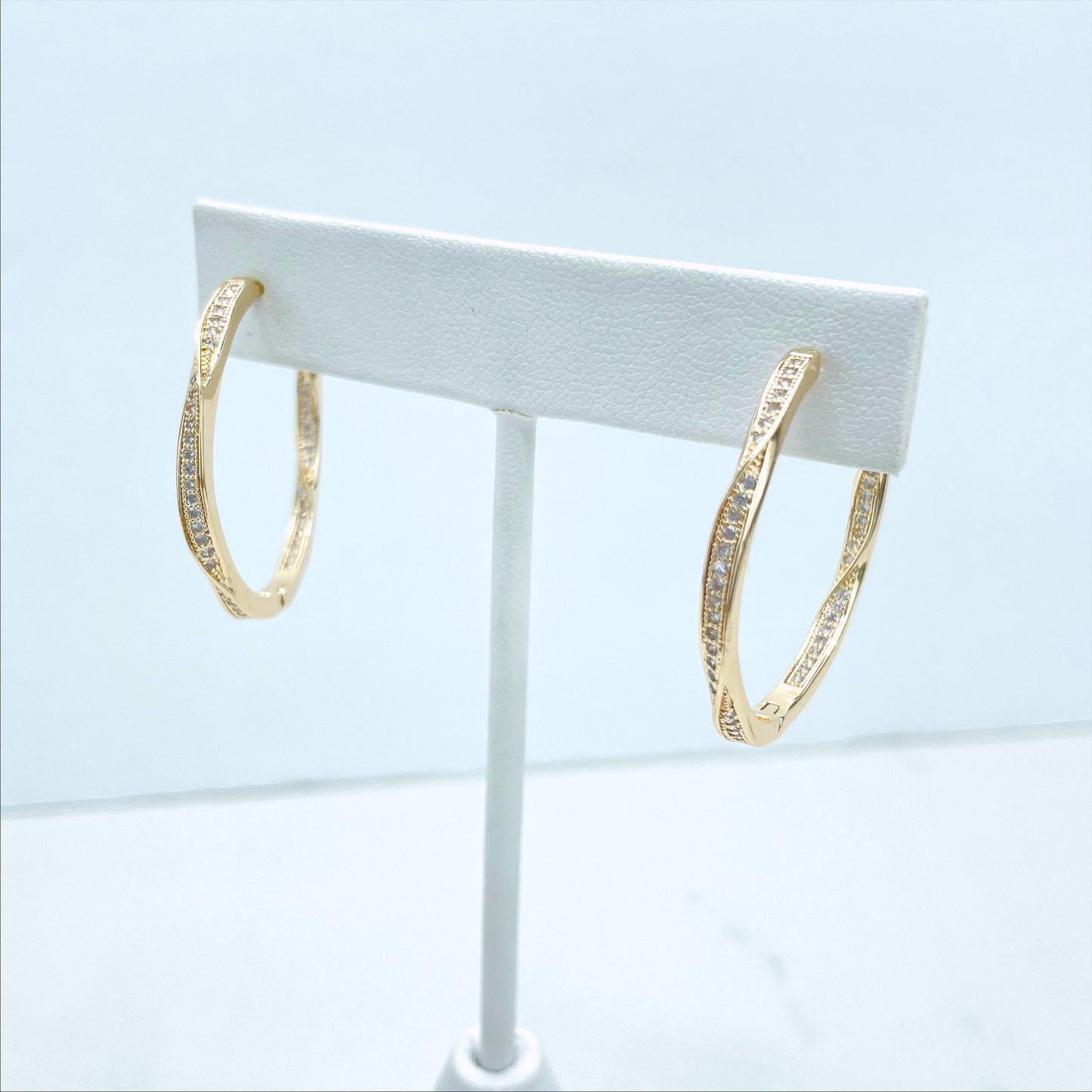 18k Gold Filled, Twisted 34mm Hoop Earrings with Micro Pave, Cubic Zirconia, Dainty Hoops, Zircon Hoops, Wholesale Jewelry Making Supplies