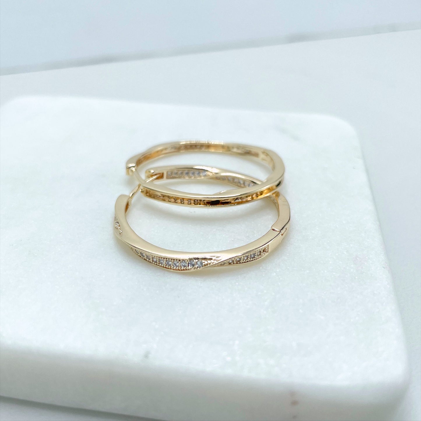 18k Gold Filled, Twisted 34mm Hoop Earrings with Micro Pave, Cubic Zirconia, Dainty Hoops, Zircon Hoops, Wholesale Jewelry Making Supplies