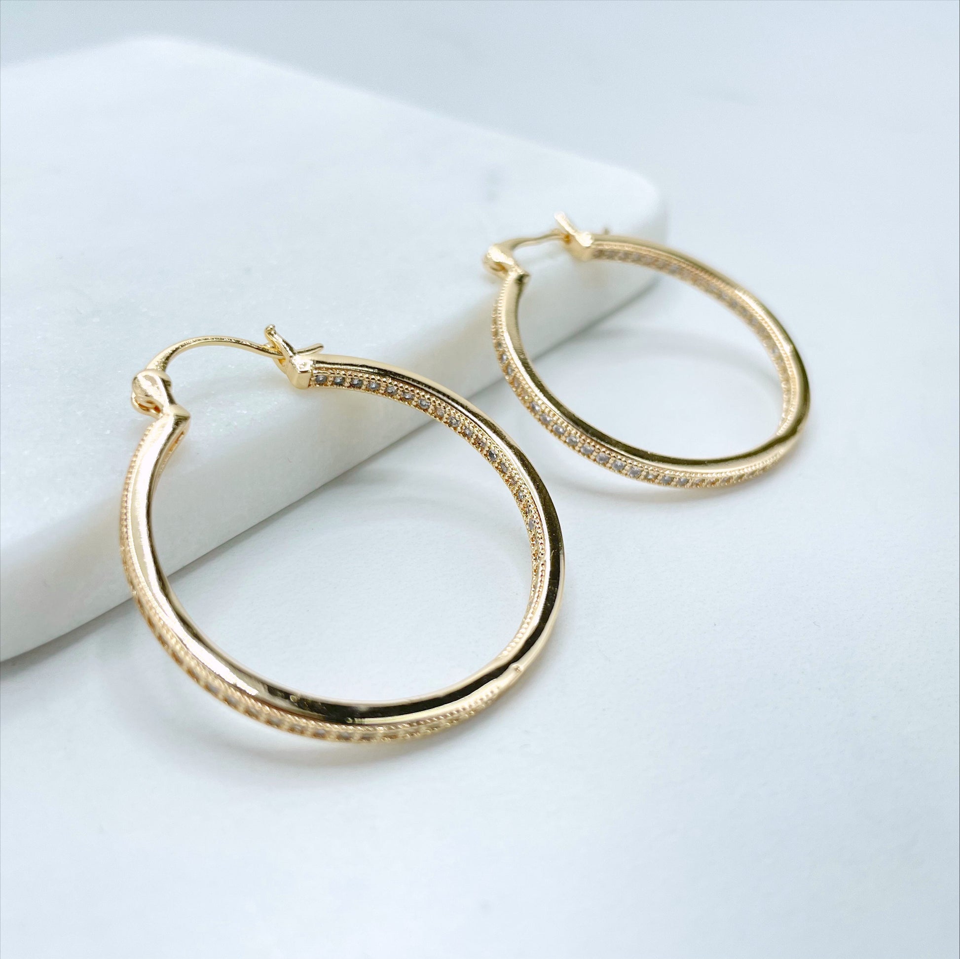 18k Gold Filled 34mm Hoop Earrings with Micro Pave, Cubic Zirconia, Dainty Hoops, Zircon Hoops, Wholesale Jewelry Making Supplies