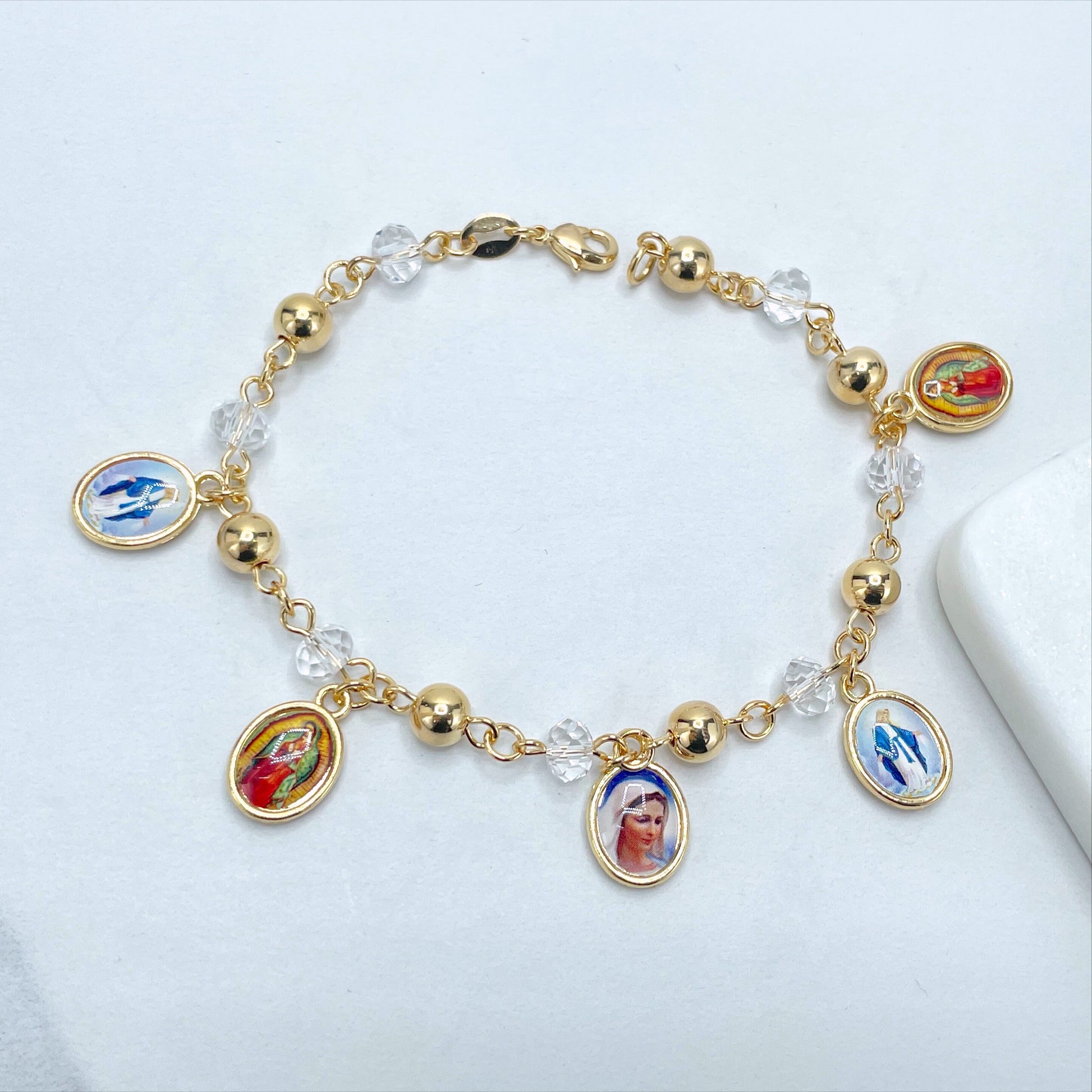 18k Gold Filled Our Lady of Guadalupe, Miraculous Virgin and Saint Therese with Gold & Clear Beads Religious Bracelet, Wholesale Jewelry