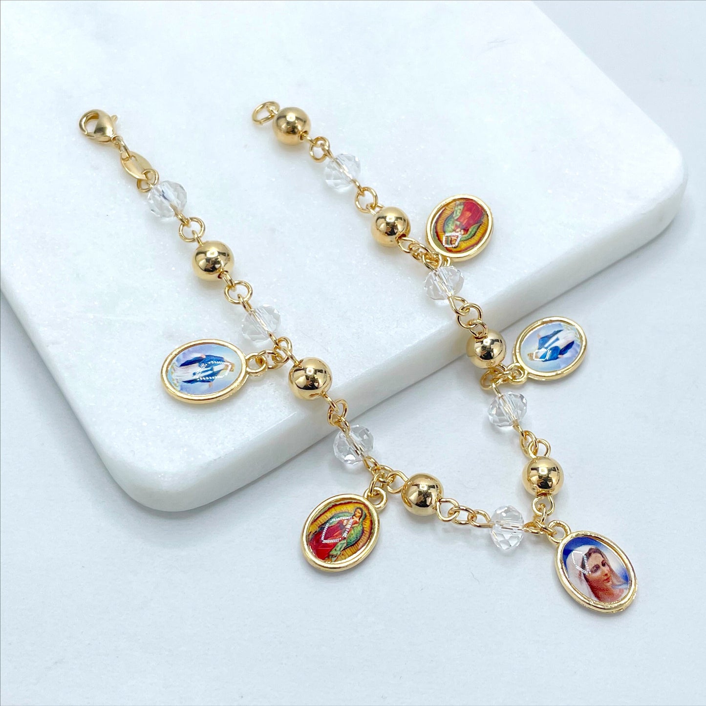18k Gold Filled Our Lady of Guadalupe, Miraculous Virgin and Saint Therese with Gold & Clear Beads Religious Bracelet, Wholesale Jewelry