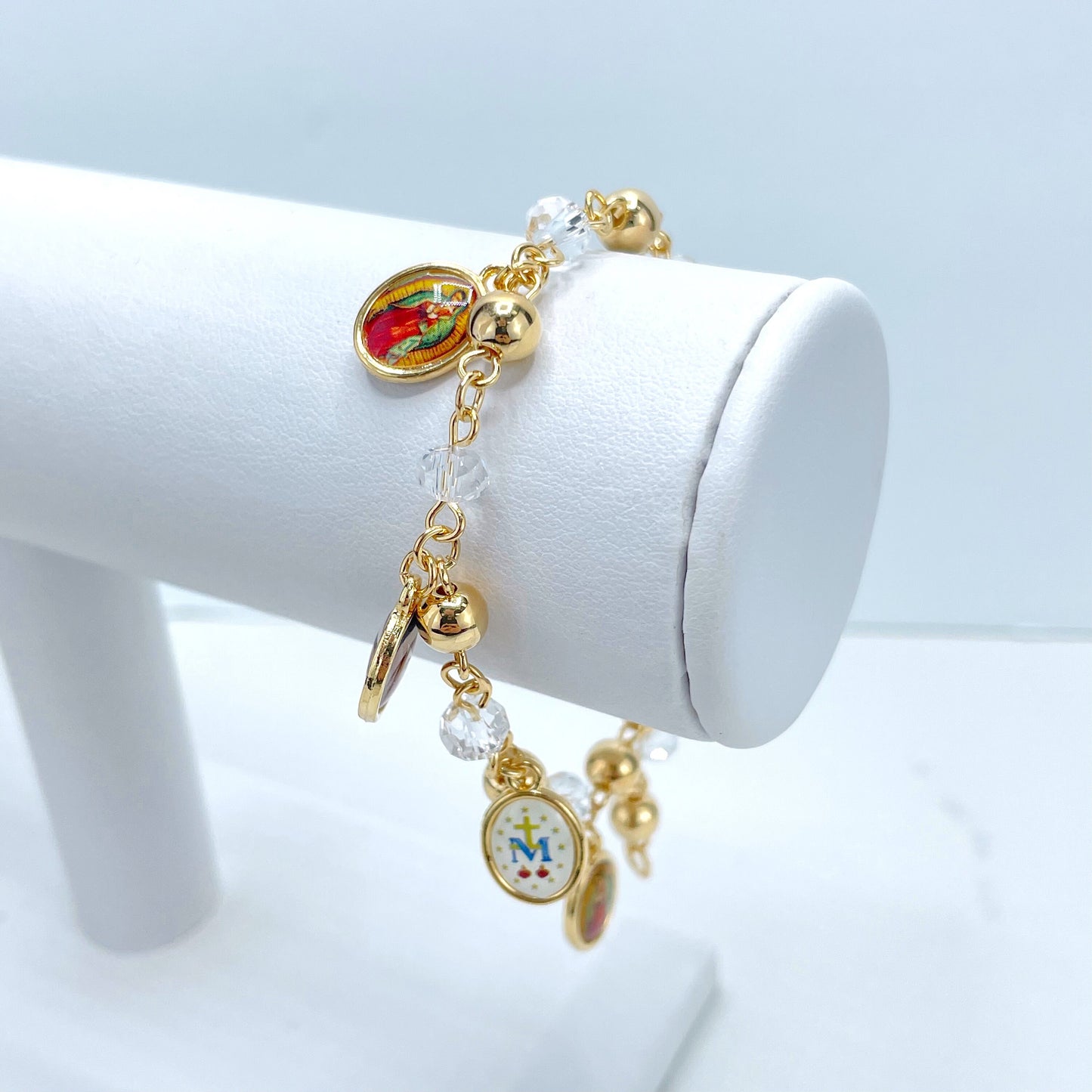 18k Gold Filled Our Lady of Guadalupe, Miraculous Virgin and Saint Therese with Gold & Clear Beads Religious Bracelet, Wholesale Jewelry
