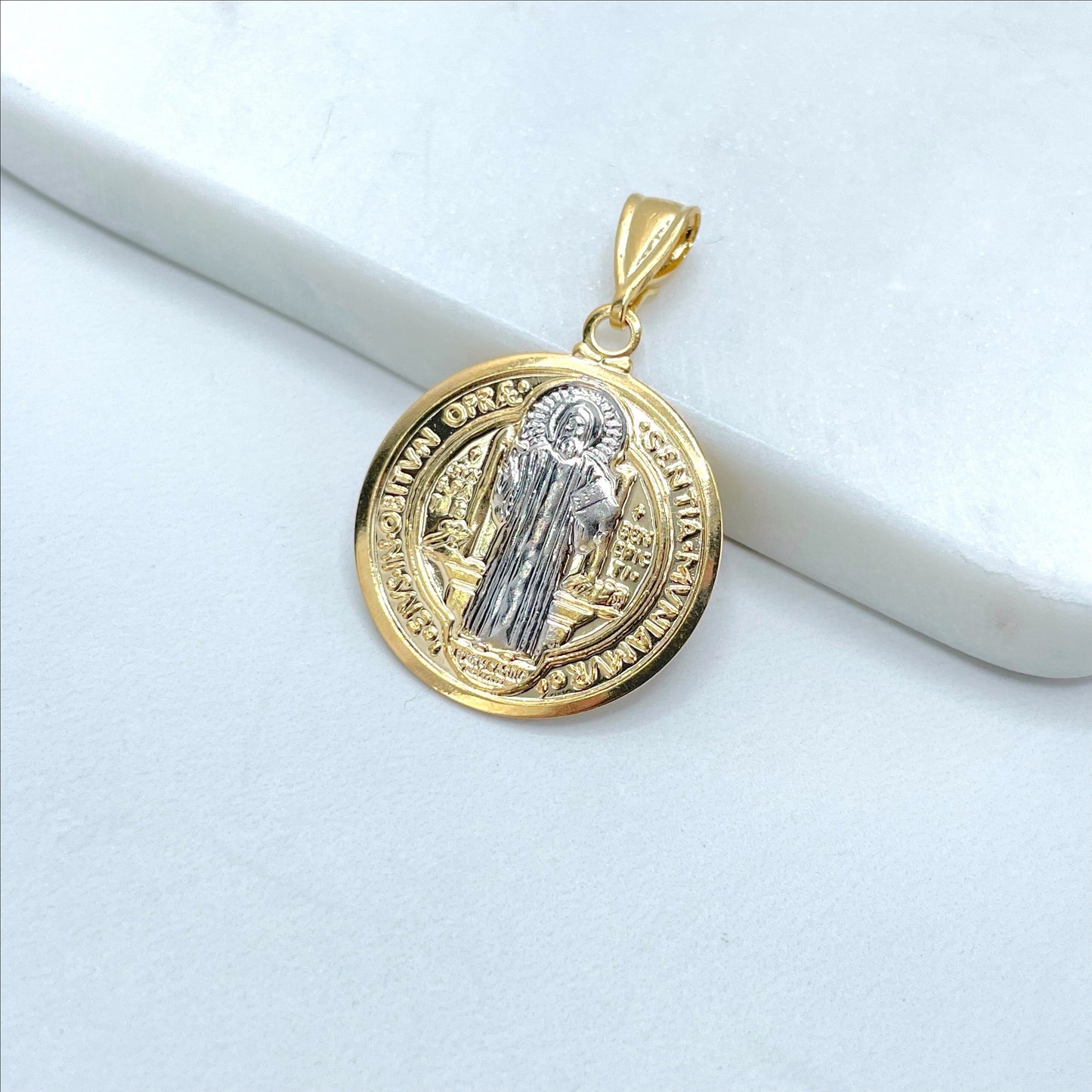 18k Gold Filled, Two Tone Saint Benedict Reversible Medal Pendant Charms, Catholic Roman Protection, Wholesale Jewelry Making Supplies