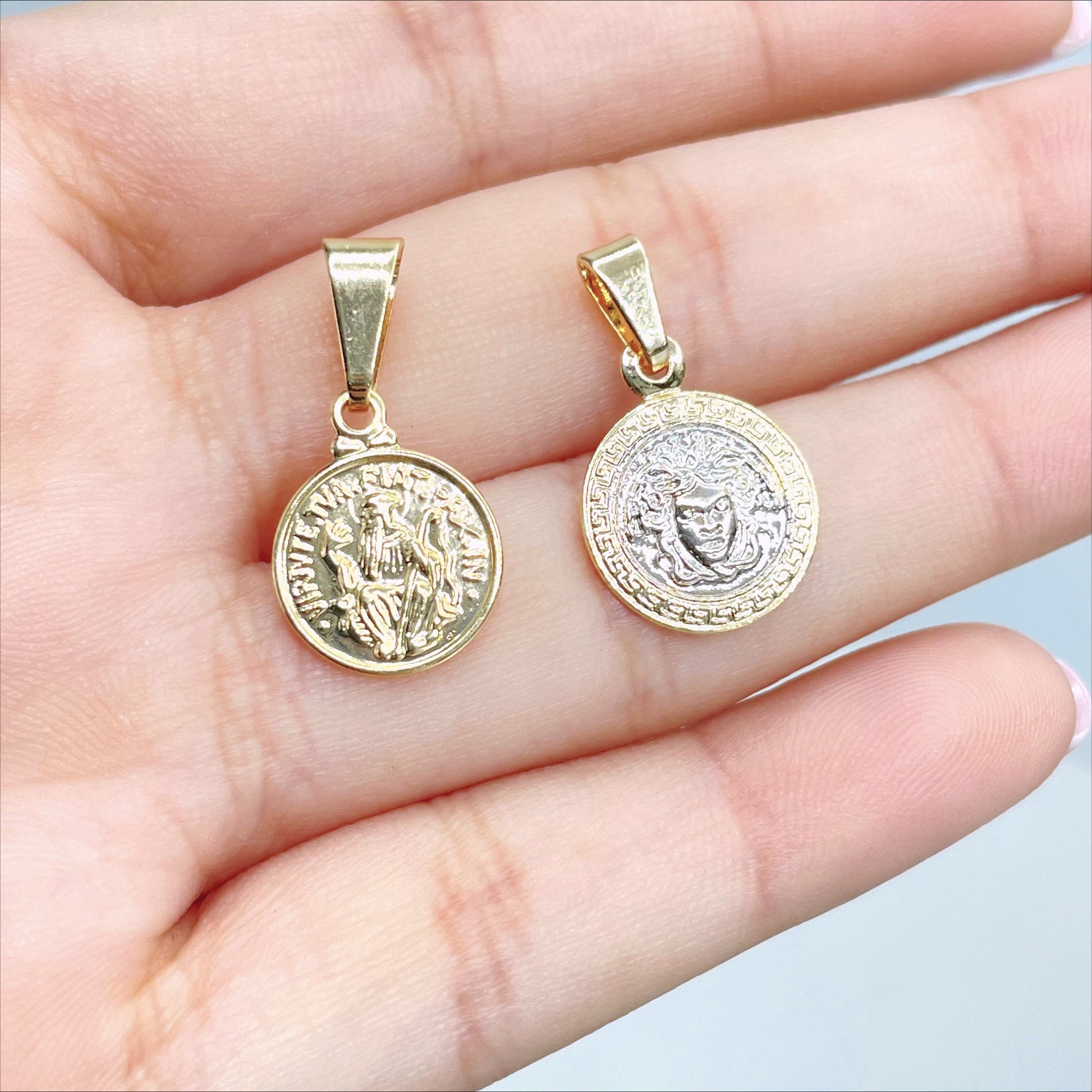 18k Gold Filled Medusa Greek Mythology Medal Charm or Amulet "Virtute Tva Fiat Pax in" Medal Charm, Wholesale Jewelry Making Supplies