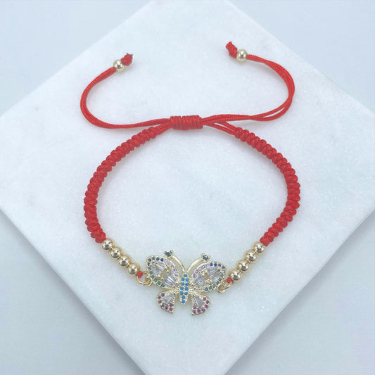 18k Gold Filled 4mm Gold Beads, Red Handmade Adjustable Bracelet with Colored Micro CZ, Butterfly Charms, Wholesale Jewelry Supplies