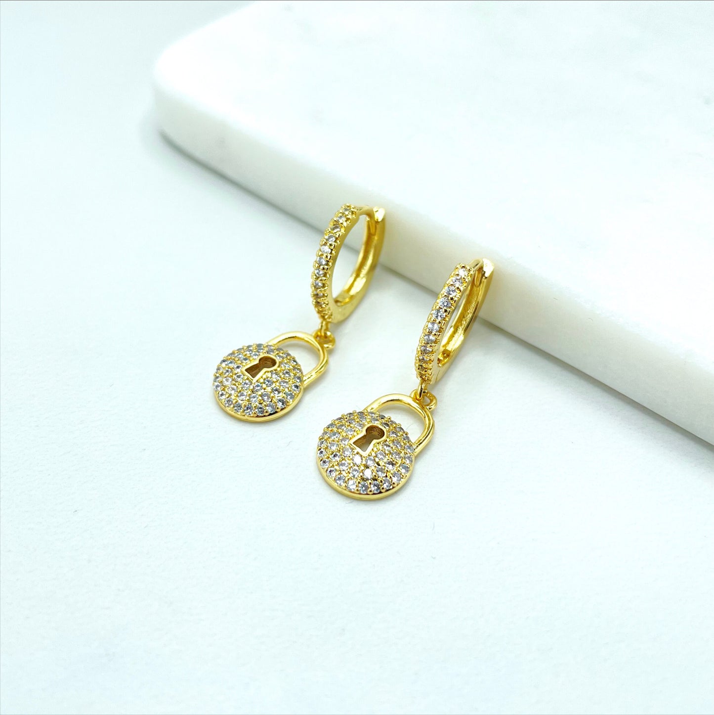 18k Gold Filled 15mm Huggie Earrings with Micro Cubic Zirconia Circle Lock Shape Charm, Dangle Earrings, Wholesale Jewelry Making Supplies