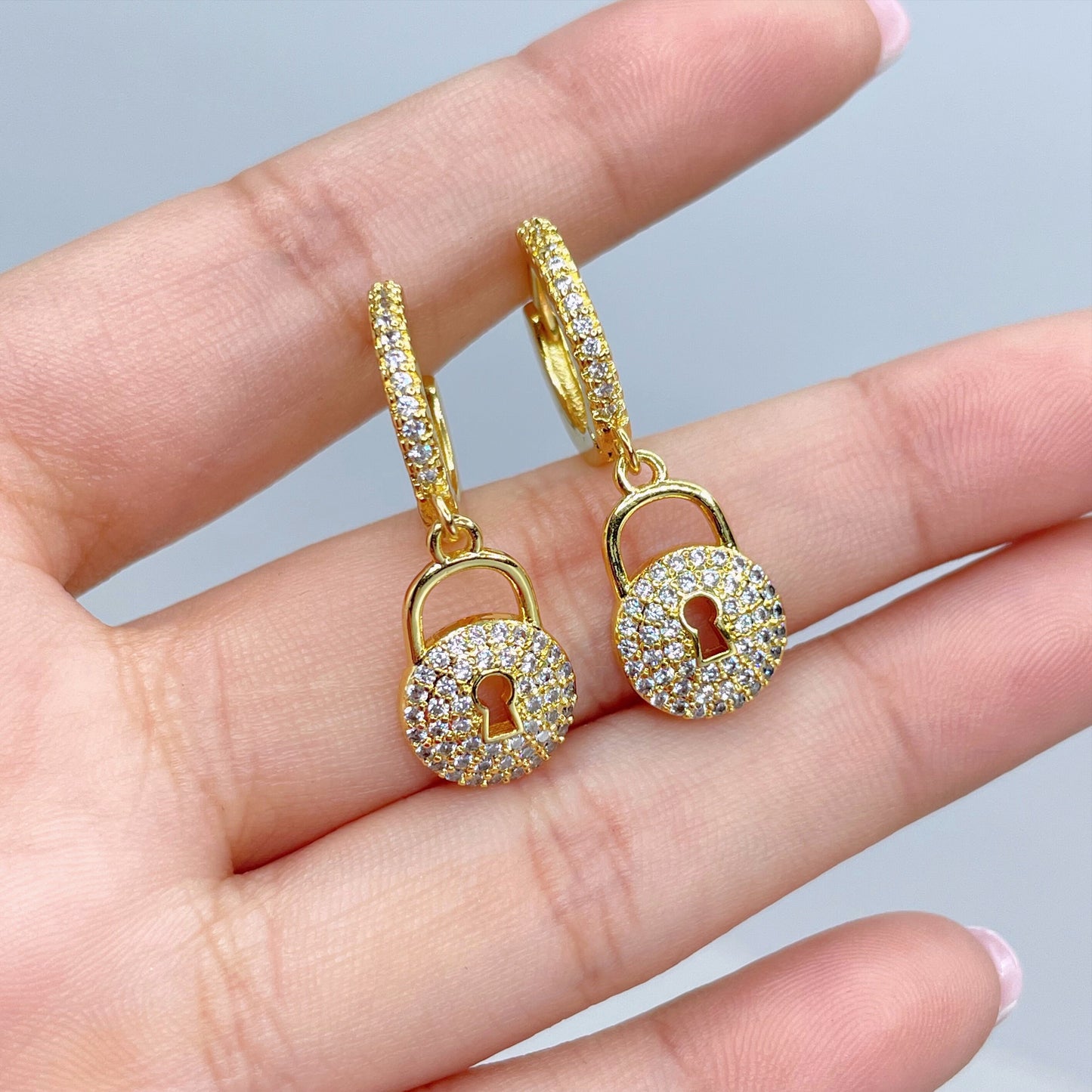 18k Gold Filled 15mm Huggie Earrings with Micro Cubic Zirconia Circle Lock Shape Charm, Dangle Earrings, Wholesale Jewelry Making Supplies