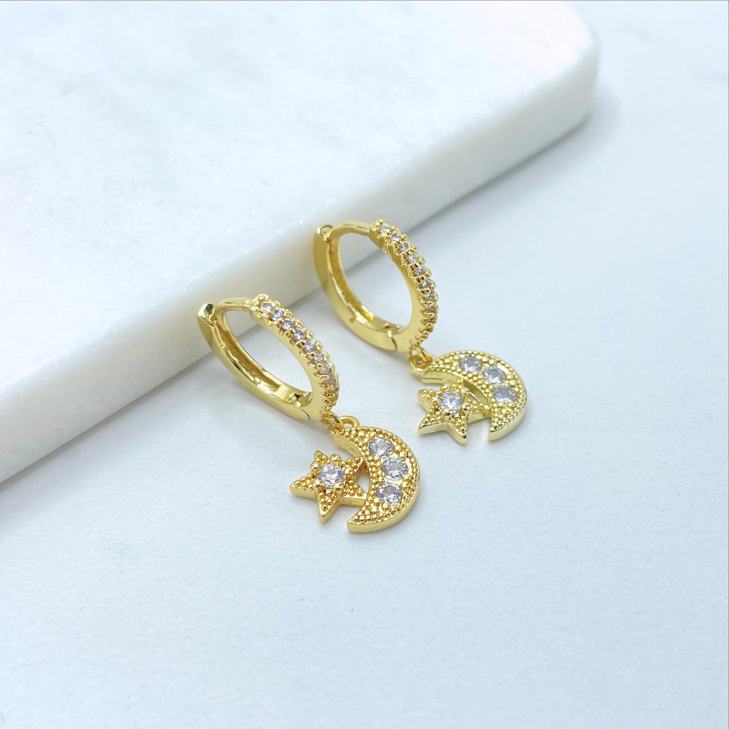18k Gold Filled 15mm Huggie Earrings with Micro Cubic Zirconia Moon & Star Shape Charm, Dangle Earrings, Wholesale Jewelry Making Supplies