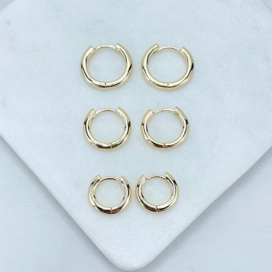 18k Gold Filled Plain 14mm, 16mm, or 18mm Huggie Earrings, 3mm Thickness, Wholesale Jewelry Making Supplies