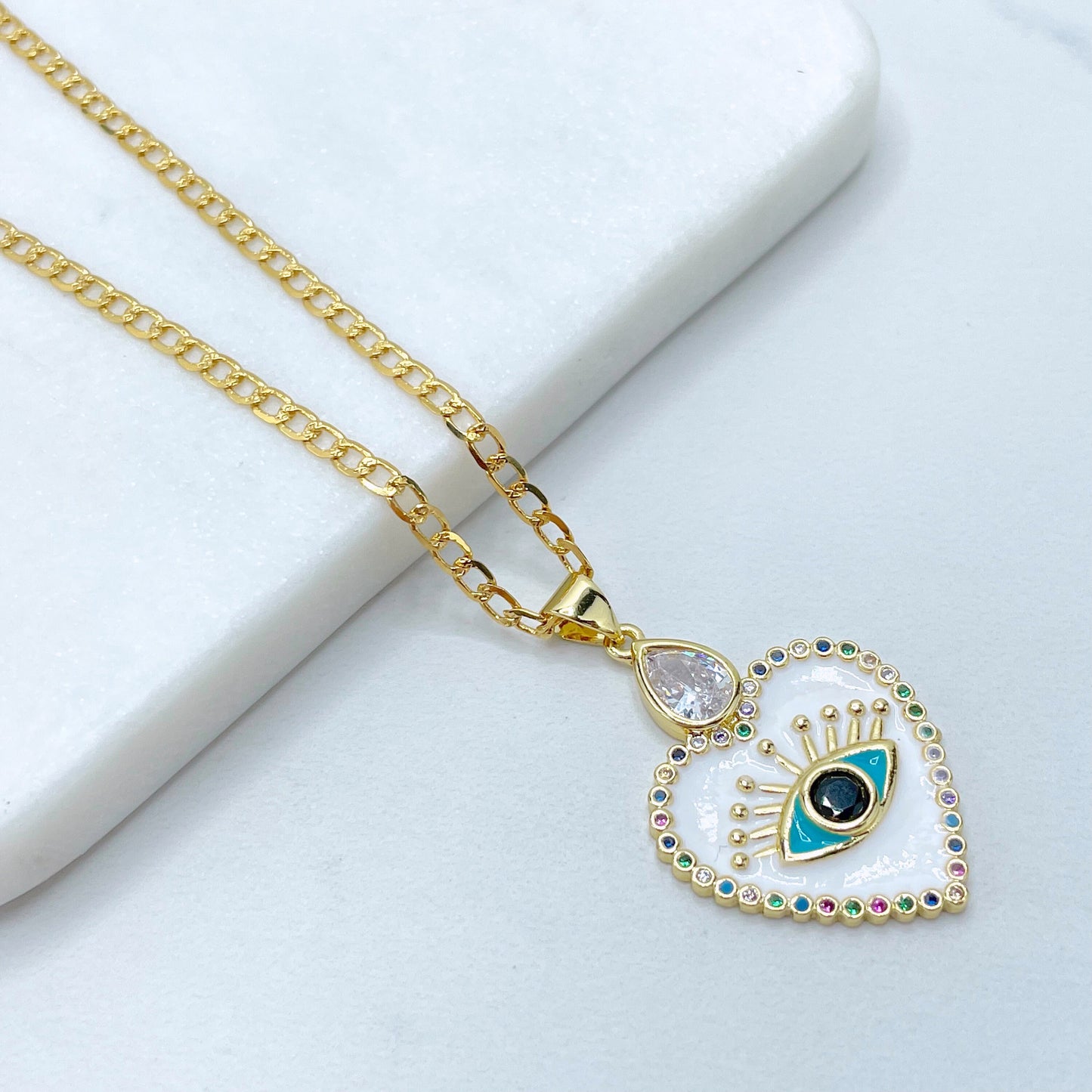 18k Gold Filled 2mm Curb Link Chain, White Enamel with Colored Micro CZ Evil Eyes Heart Shape Earrings and Charm, Wholesale Jewelry Supplies