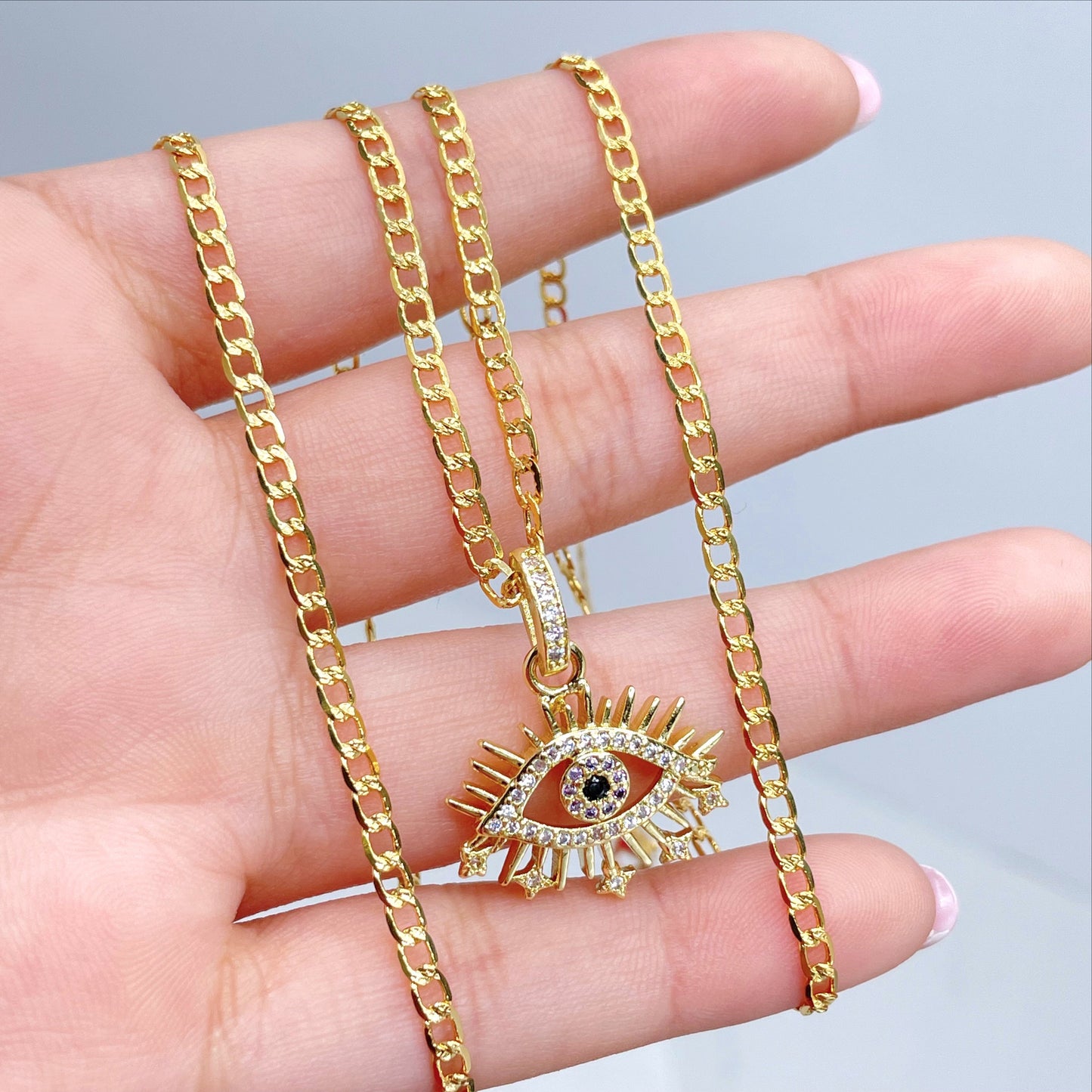 18k Gold Filled 2mm Curb Link Chain, Evil Eye with Stars and Micro Cubic Zirconia, Earrings and Charm, Wholesale Jewelry Making Supplies