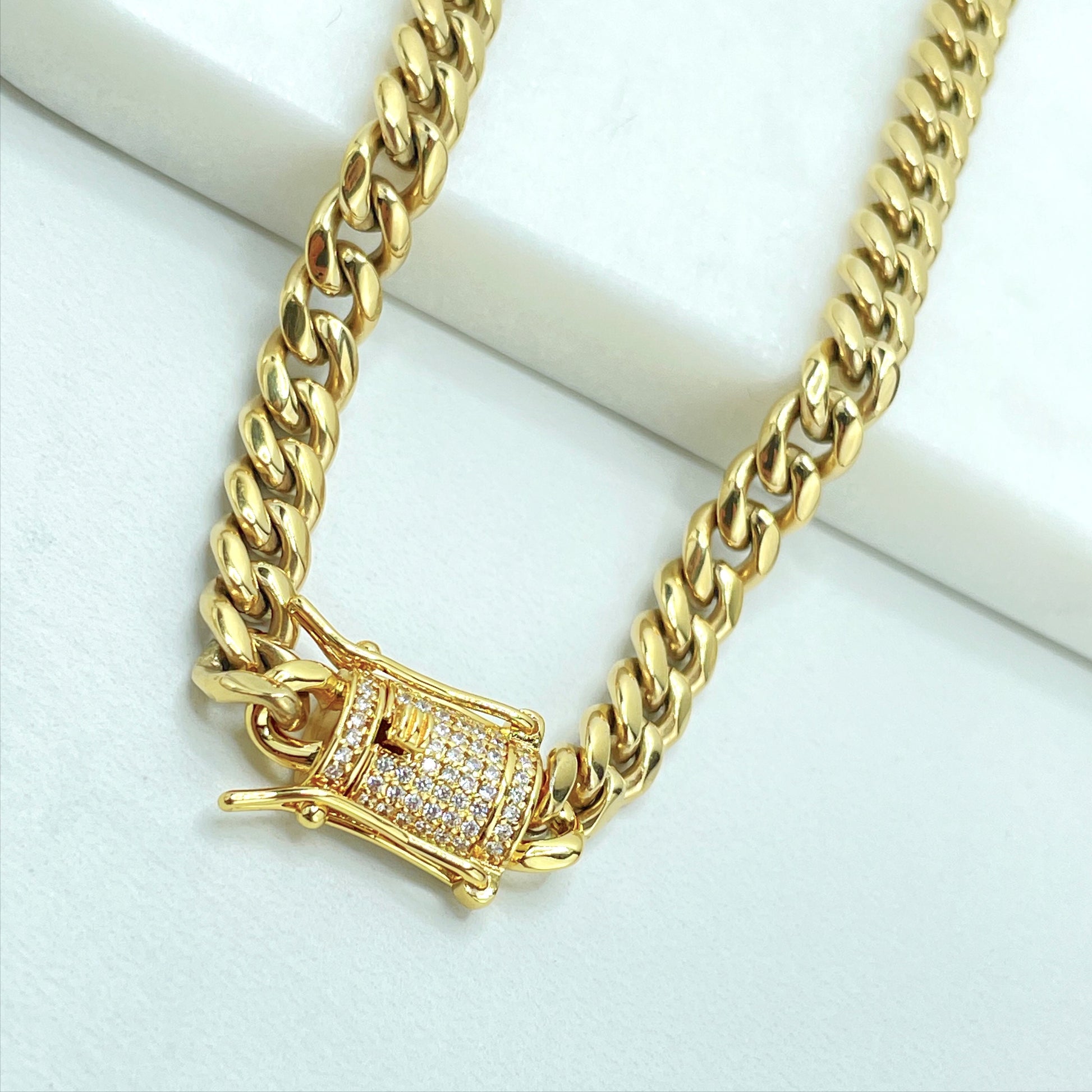 14k Gold Filled Miami Cuban Link 6mm Bracelet or Chain Double Safety Lock Box Clasp In Micro Pave Cubic Zirconia Wholesale Jewelry Supplies