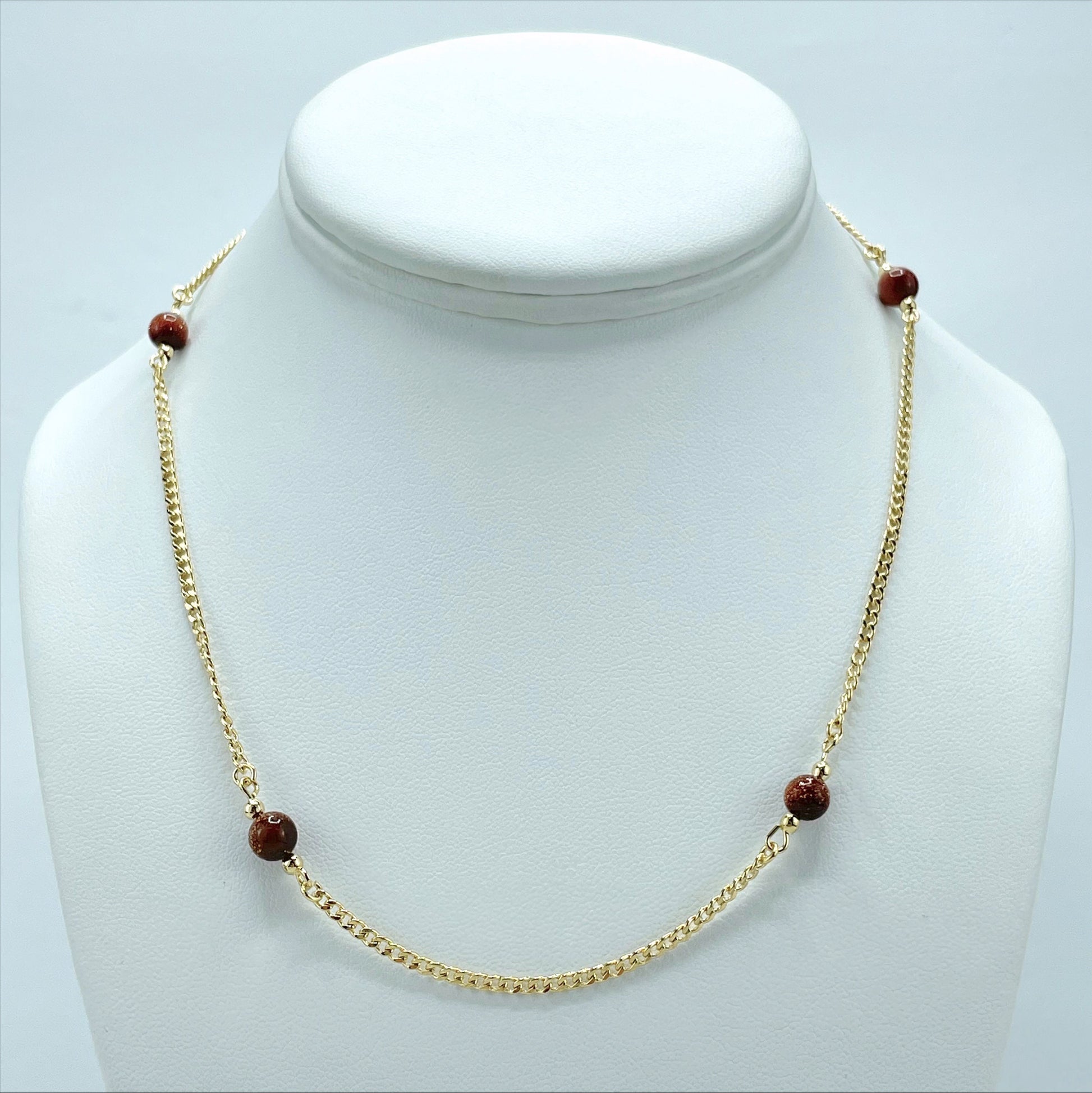 18k Gold Filled Brown Aventurine Bead Necklace Curb Link Chain Wholesale Jewelry Making Supplies