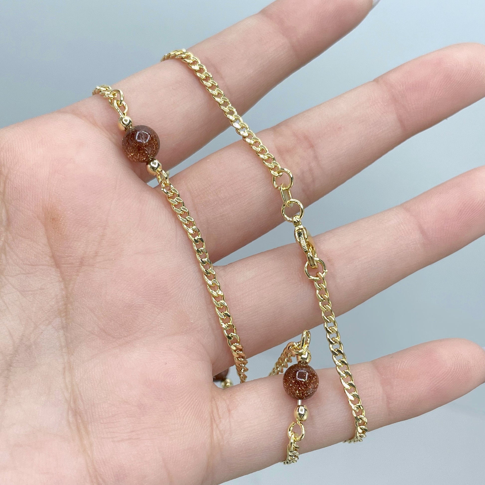 18k Gold Filled Brown Aventurine Bead Necklace Curb Link Chain Wholesale Jewelry Making Supplies