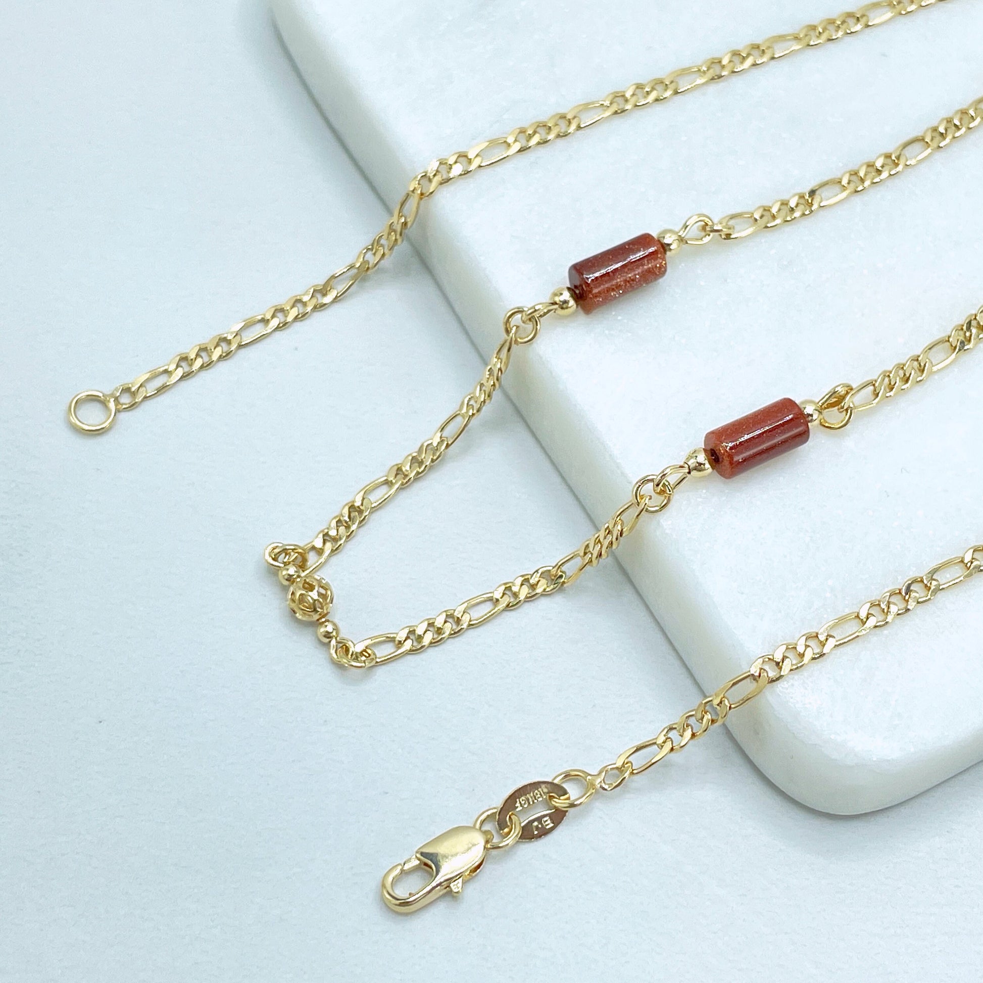 18k Gold Filled Brown Aventurine Tubular and Gold Beads 2.5mm Figaro Chain Necklace Wholesale Jewelry Making Supplies