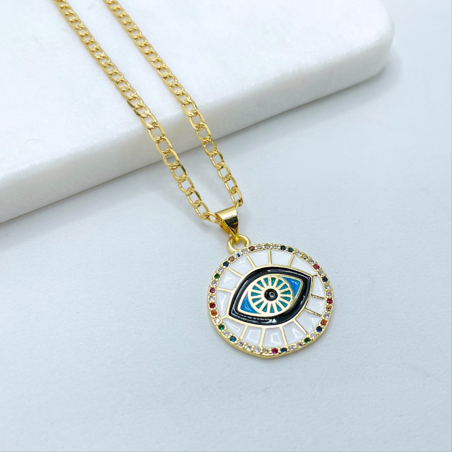 18k Gold Filled 2mm Curb Link Chain, White Enamel with Colored Micro CZ Evil Eyes Round Shape Earrings and Charm, Wholesale Jewelry Supplies
