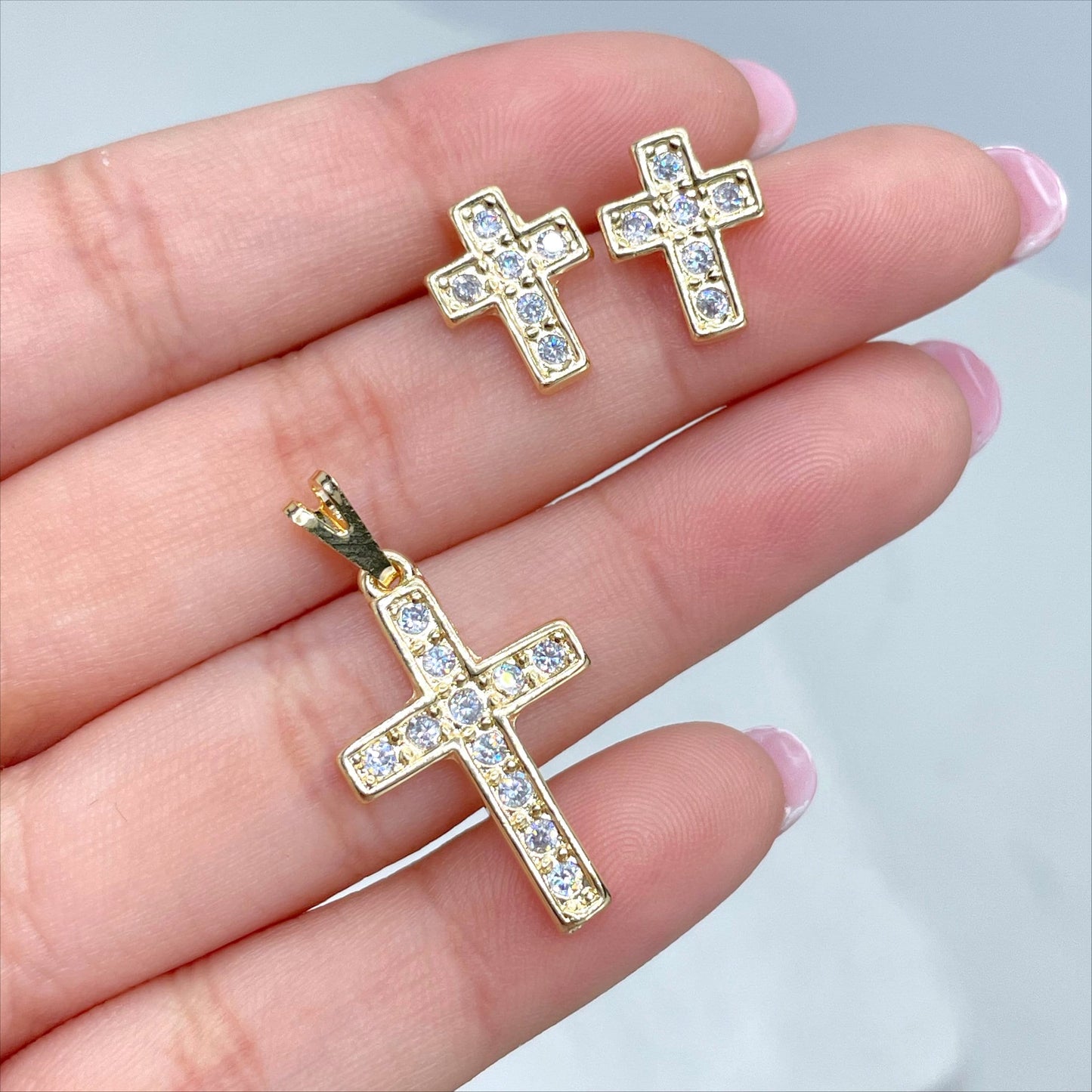 18k Gold Filled 2mm Curb Link Chain with Cubic Zirconia Cross Stud Earrings and Pendant, Wholesale Jewelry Making Supplies