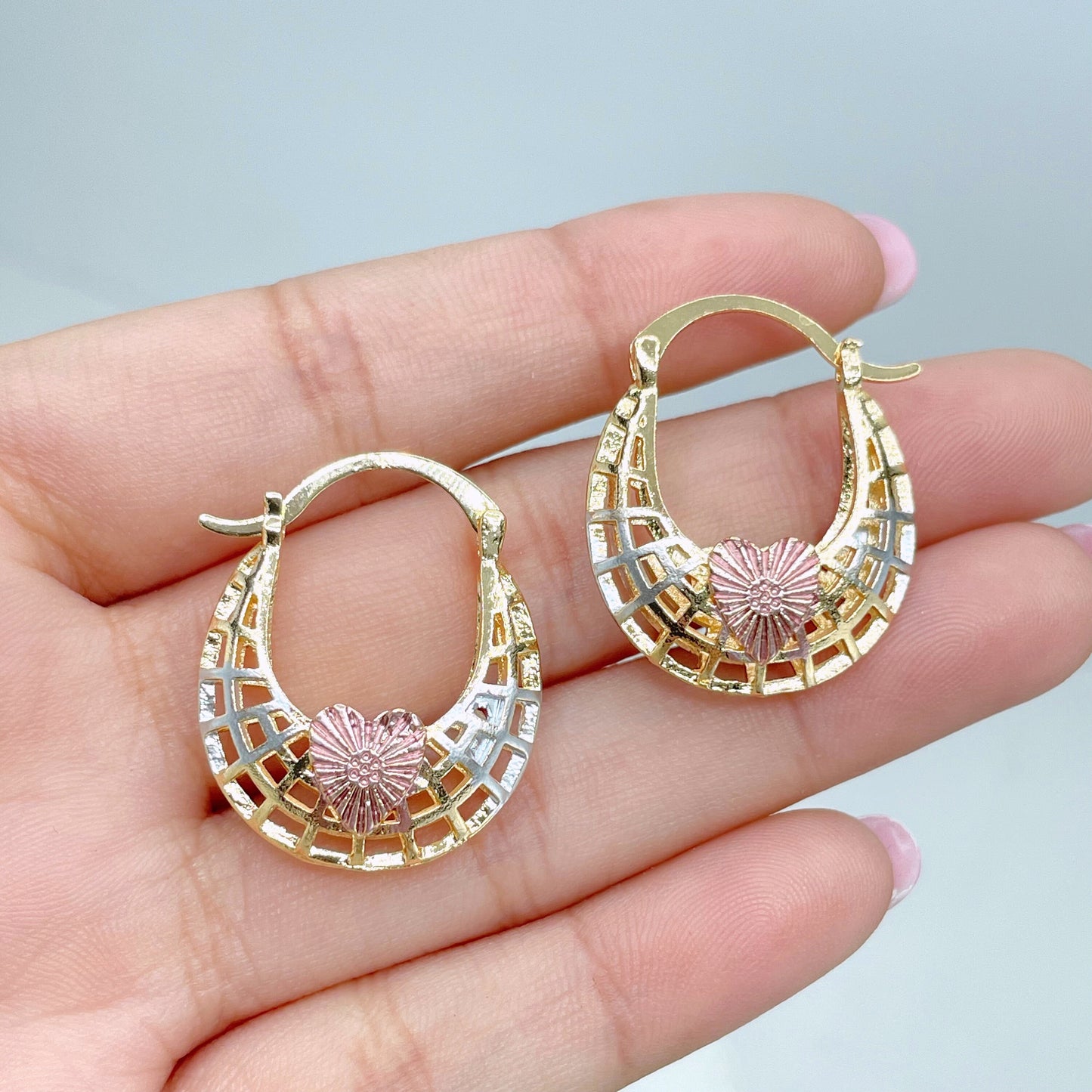 18k Gold Filled, Three Color 21mm Basket Earrings, 6mm Thickness, Wholesale Jewelry Making Supplies