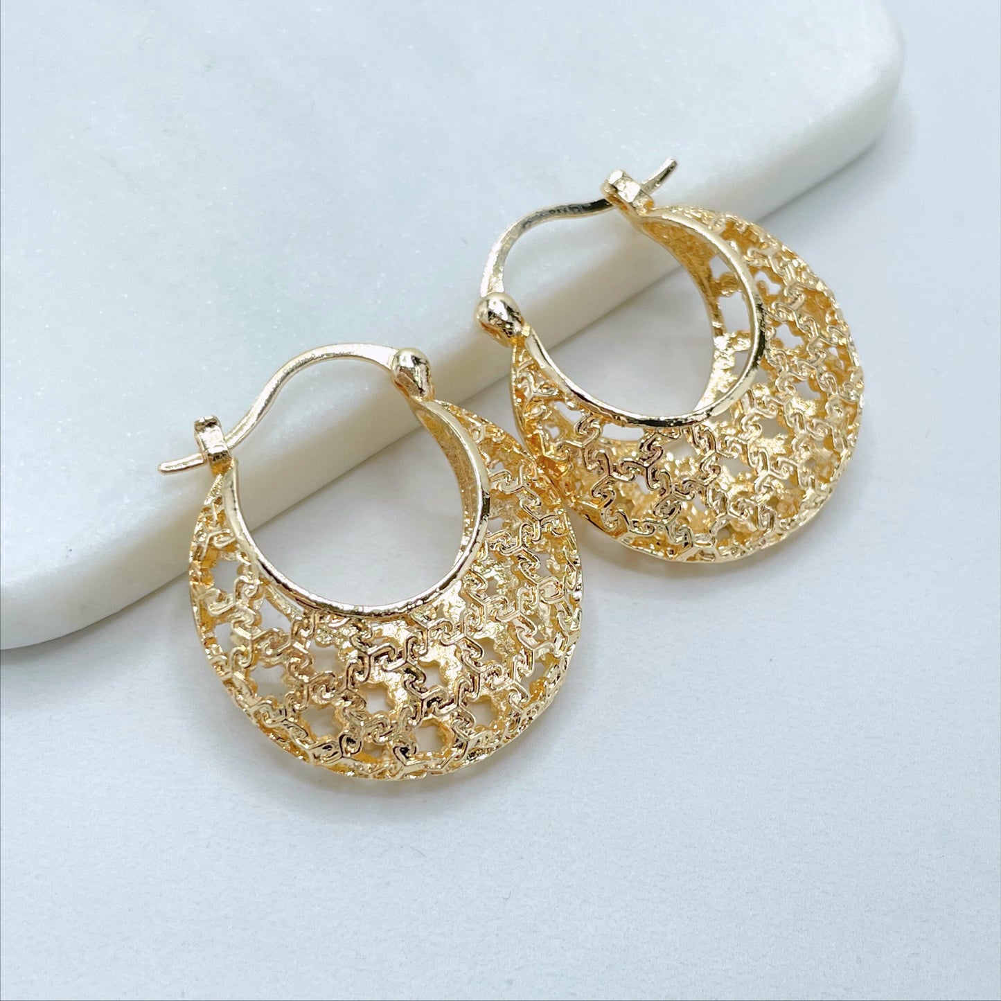 18k Gold Filled  29mm Texturized Cutout Basket Design Earrings, 11mm Thickness, Wholesale Jewelry Making Supplies