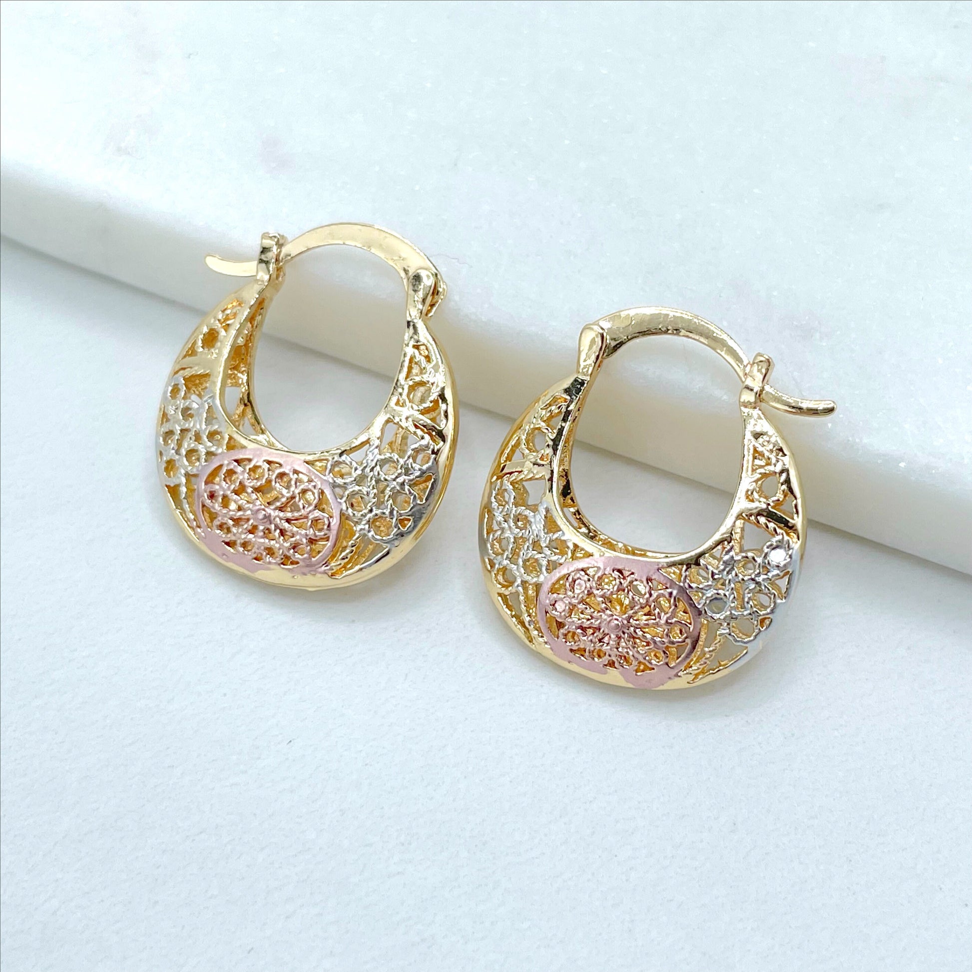 18k Gold Filled, Three Color 21mm Basket Earrings, 7mm Thickness Wholesale Jewelry Making Supplies