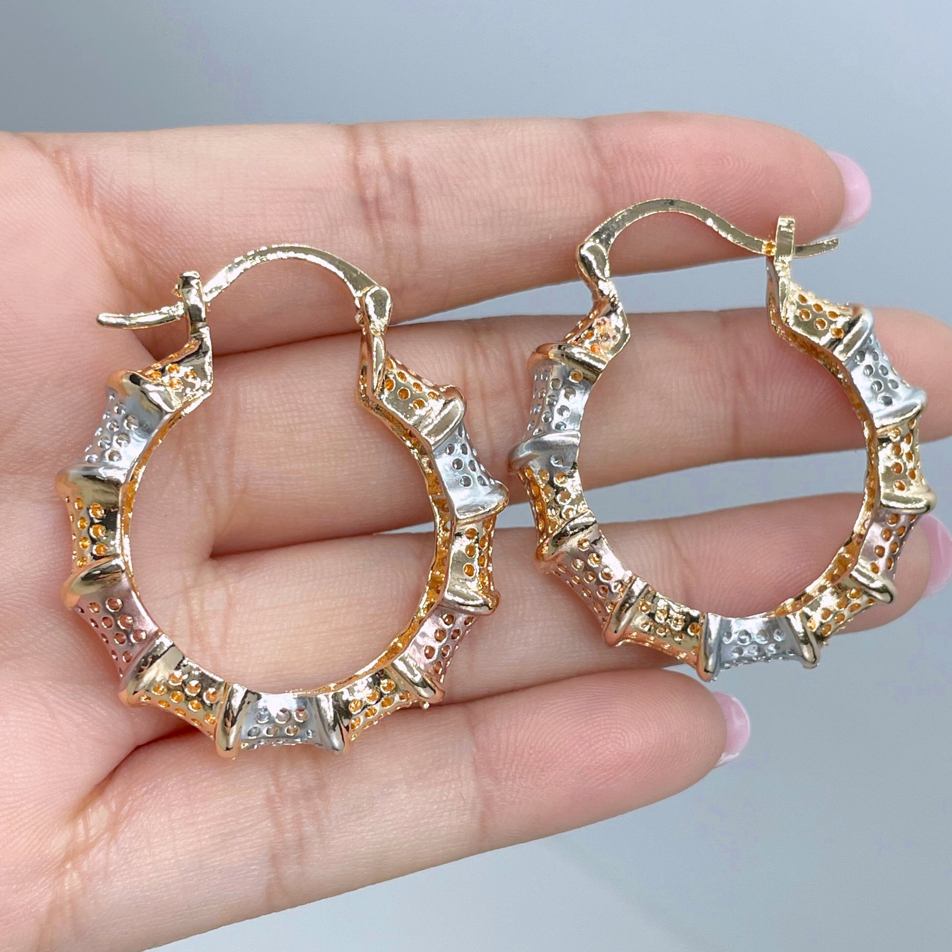 18k Gold Filled Three Tone Three Color 34mm Bamboo Design Hoop Earrings 8mm Thickness Wholesale Jewelry Making Supplies