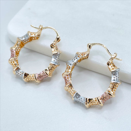 18k Gold Filled Three Tone Three Color 34mm Bamboo Design Hoop Earrings 8mm Thickness Wholesale Jewelry Making Supplies