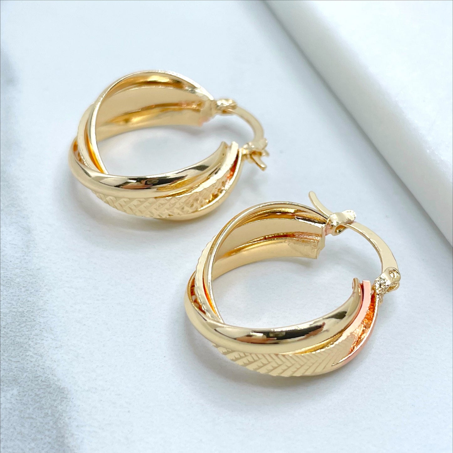 18k Gold Filled Rose Color Detail, 23mm Twisted Basket Design Hoop Earrings, 9mm Thickness, Wholesale Jewelry Making Supplies