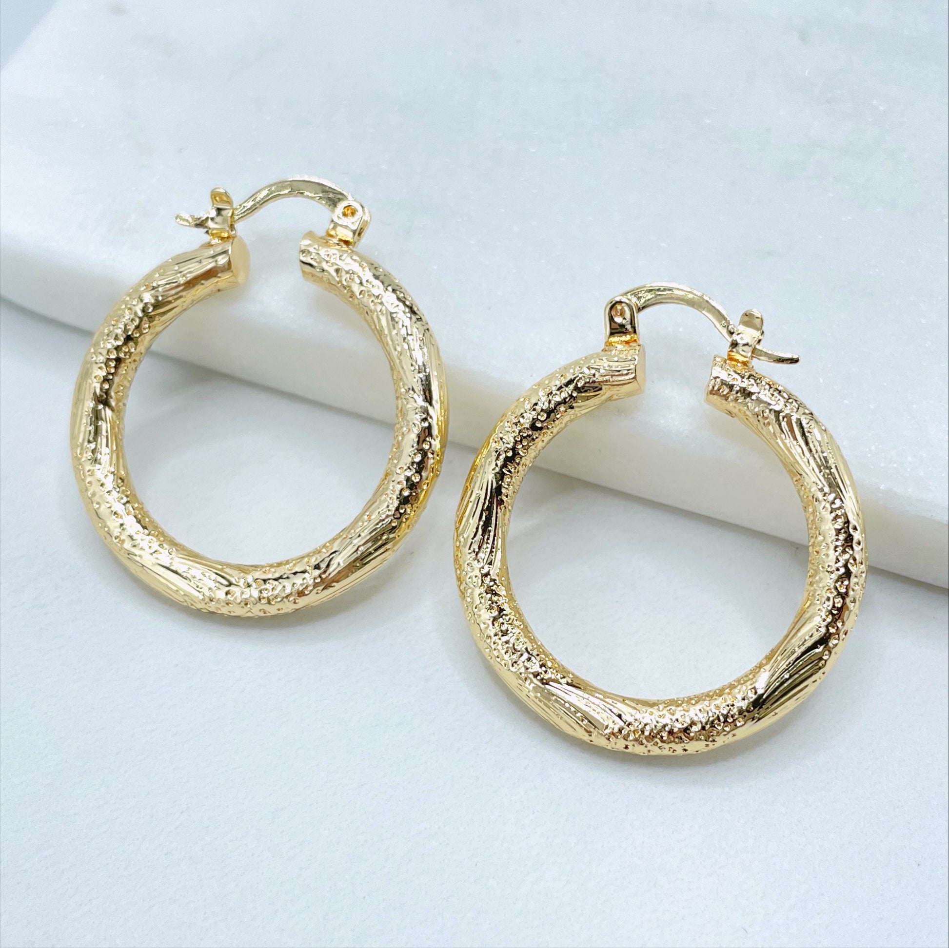 18k Gold Filled 30mm Texturized Hoop Earrings with 4mm Thickness, Wholesale Jewelry Making Supplies
