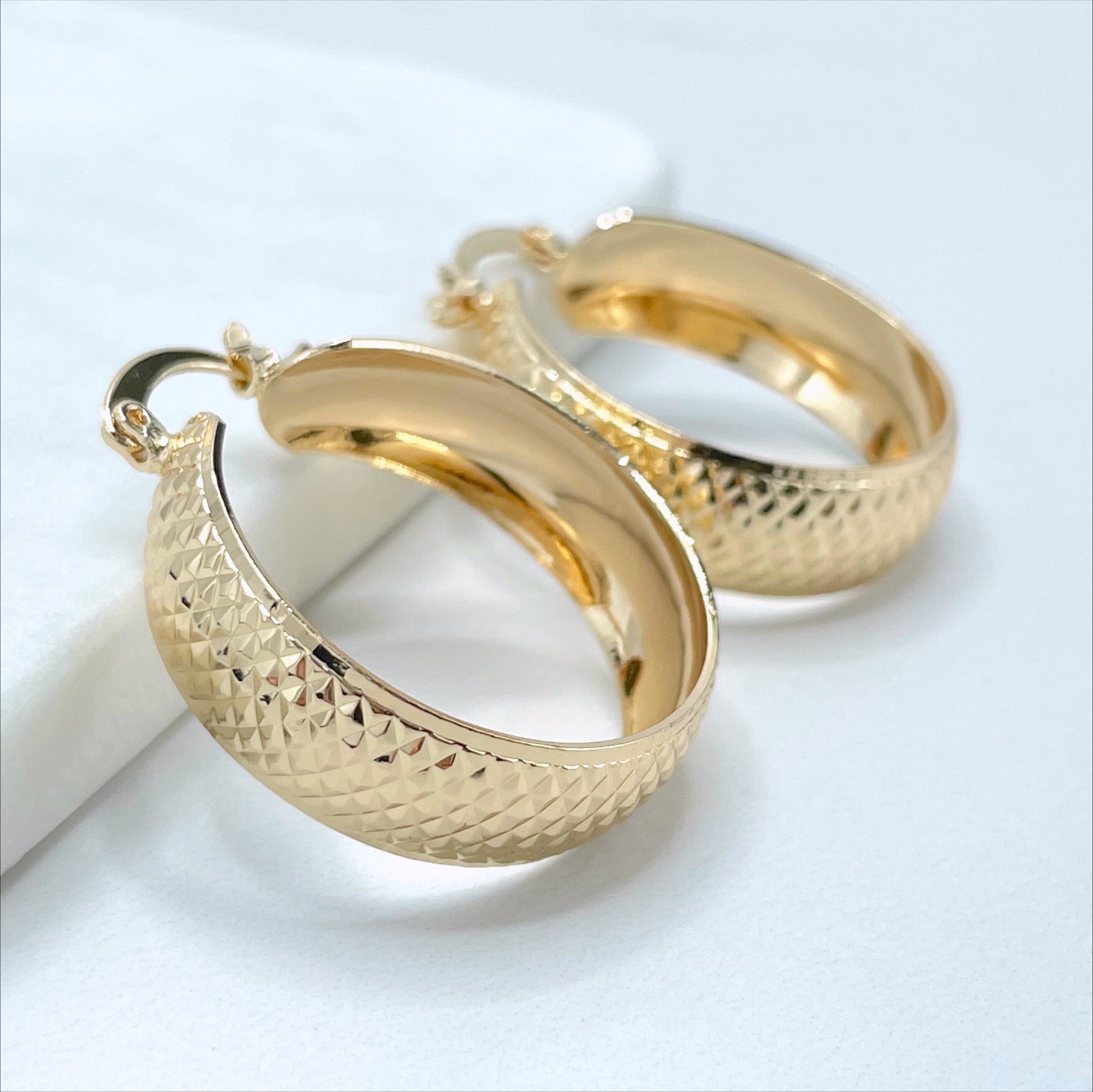 18k Gold Filled 30mm Textured Hoop Earrings, 9mm Thickness, Wholesale Jewelry Making Supplies