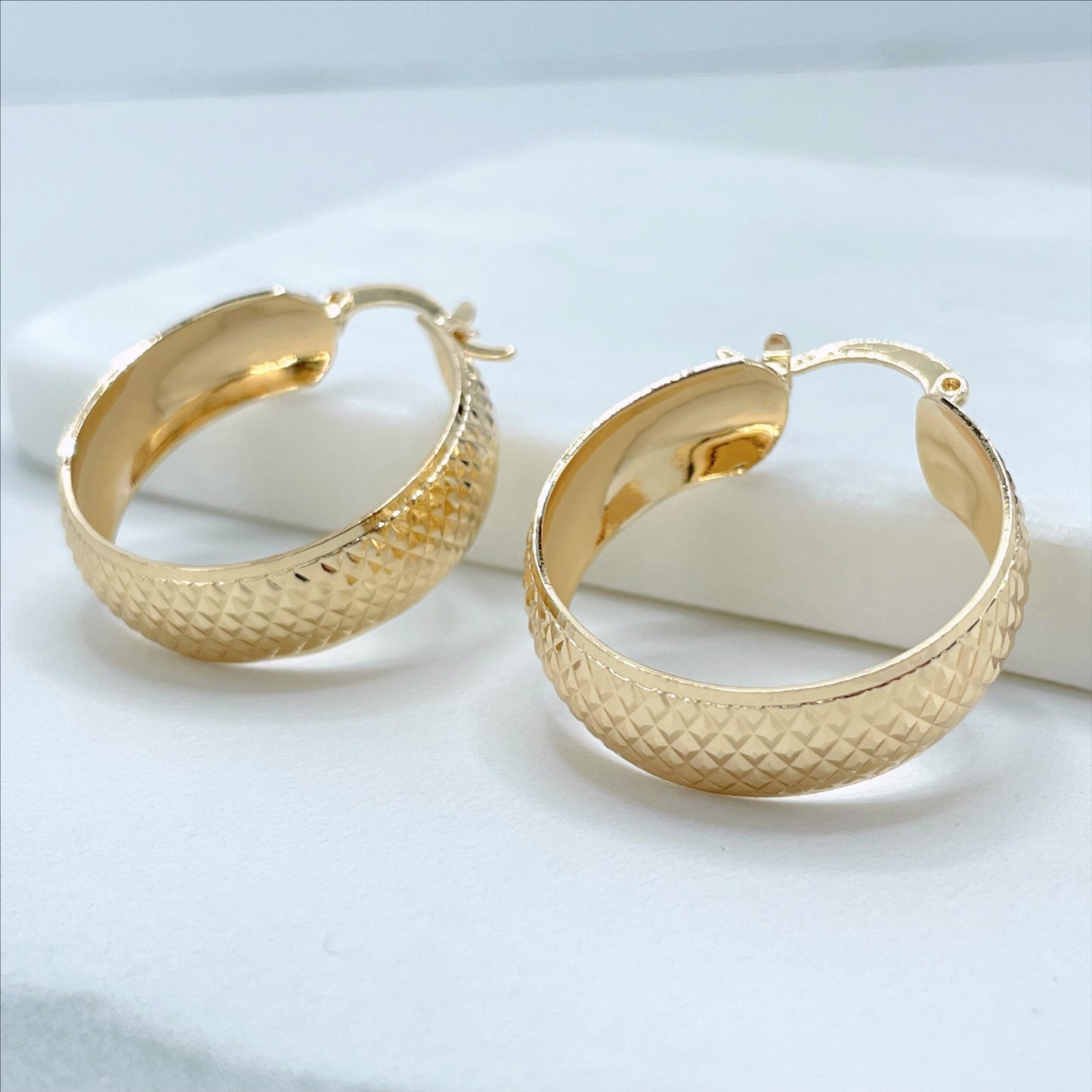18k Gold Filled 30mm Textured Hoop Earrings, 9mm Thickness, Wholesale Jewelry Making Supplies