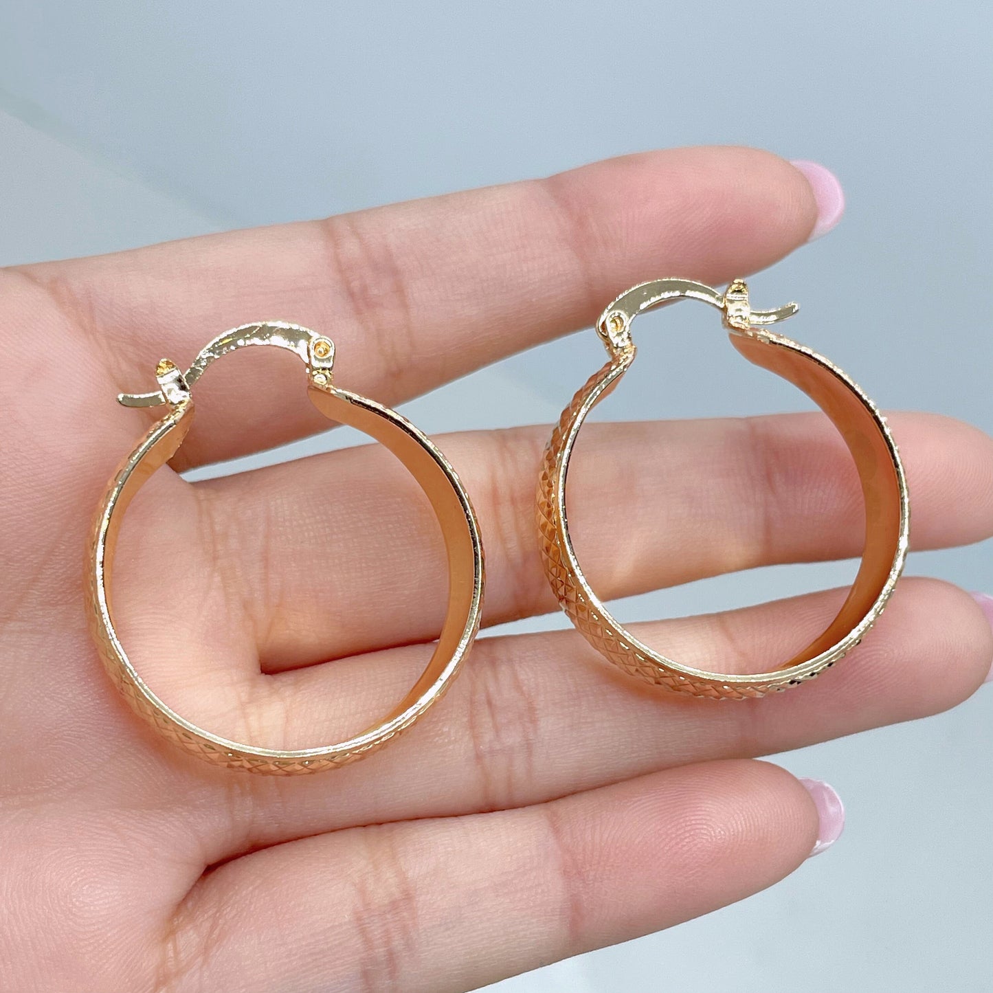 18k Gold Filled 30mm Textured Hoop Earrings, 9mm Thickness, Wholesale Jewelry Making Supplies