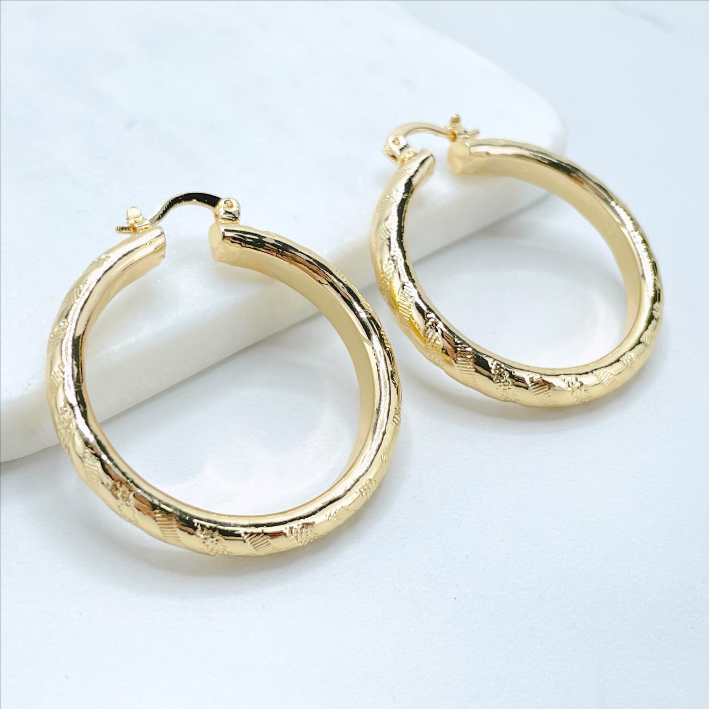 18k Gold Filled 40mm Textured Hoops Earrings, 5mm Thickness, Wholesale Jewelry Making Supplies
