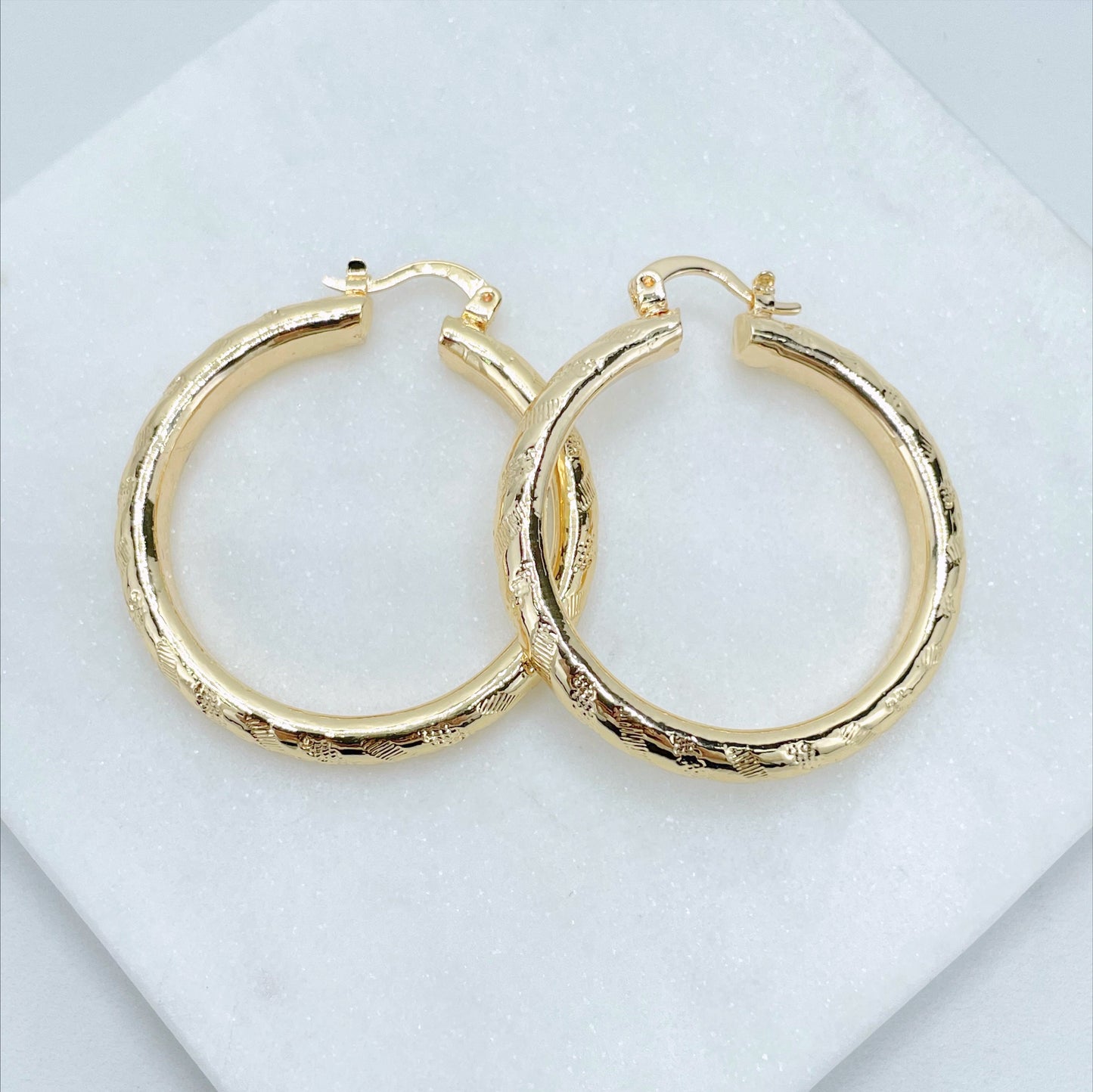 18k Gold Filled 40mm Textured Hoops Earrings, 5mm Thickness, Wholesale Jewelry Making Supplies