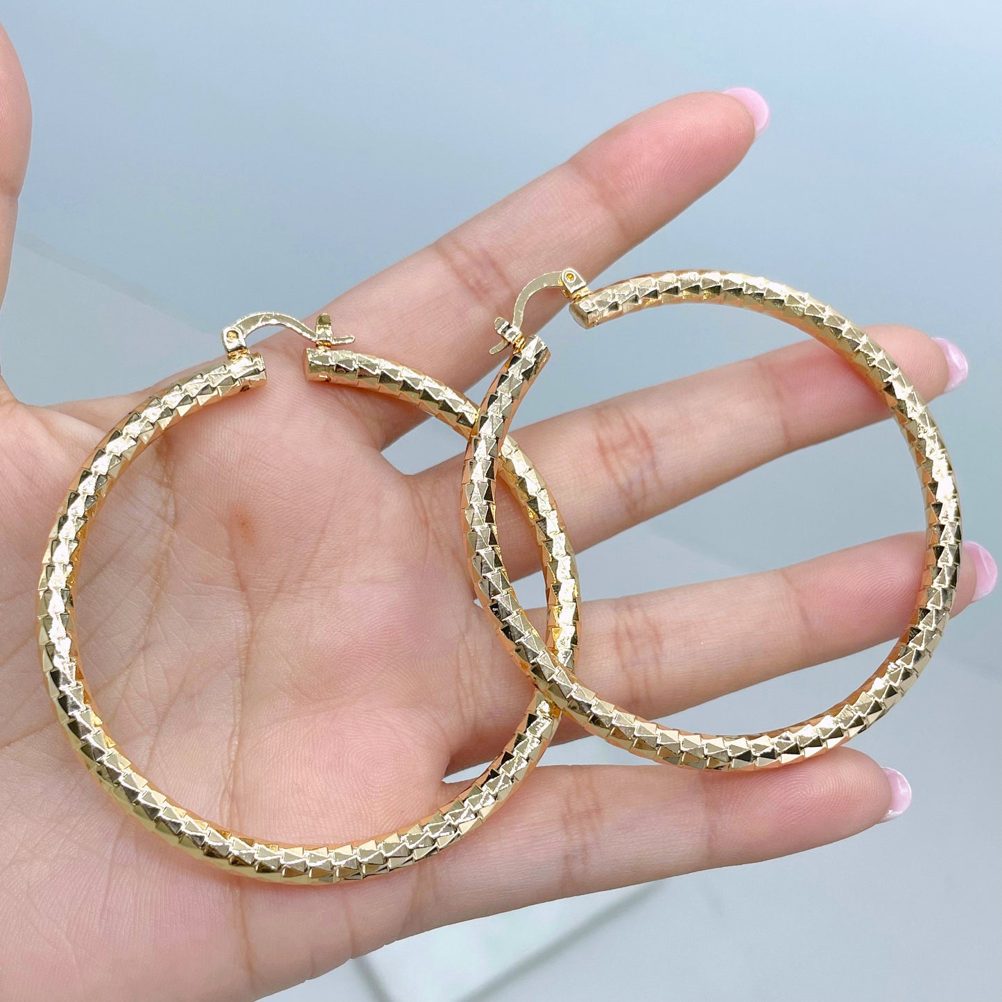 18k Gold Filled 58mm Textured Hoops Earrings, 4mm Thickness Wholesale Jewelry Making Supplies