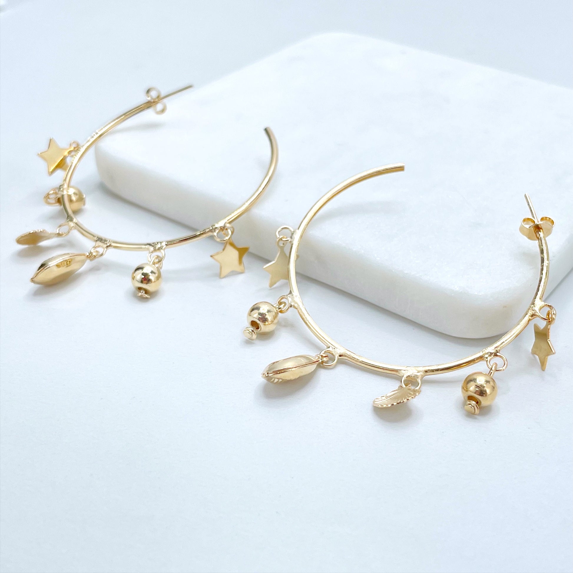 18k Gold Filled 50mm C-Hoops Sea Marine Theme Earrings with Stars, Cowry Shell, Balls Charms, Wholesale Jewelry Making Supplies