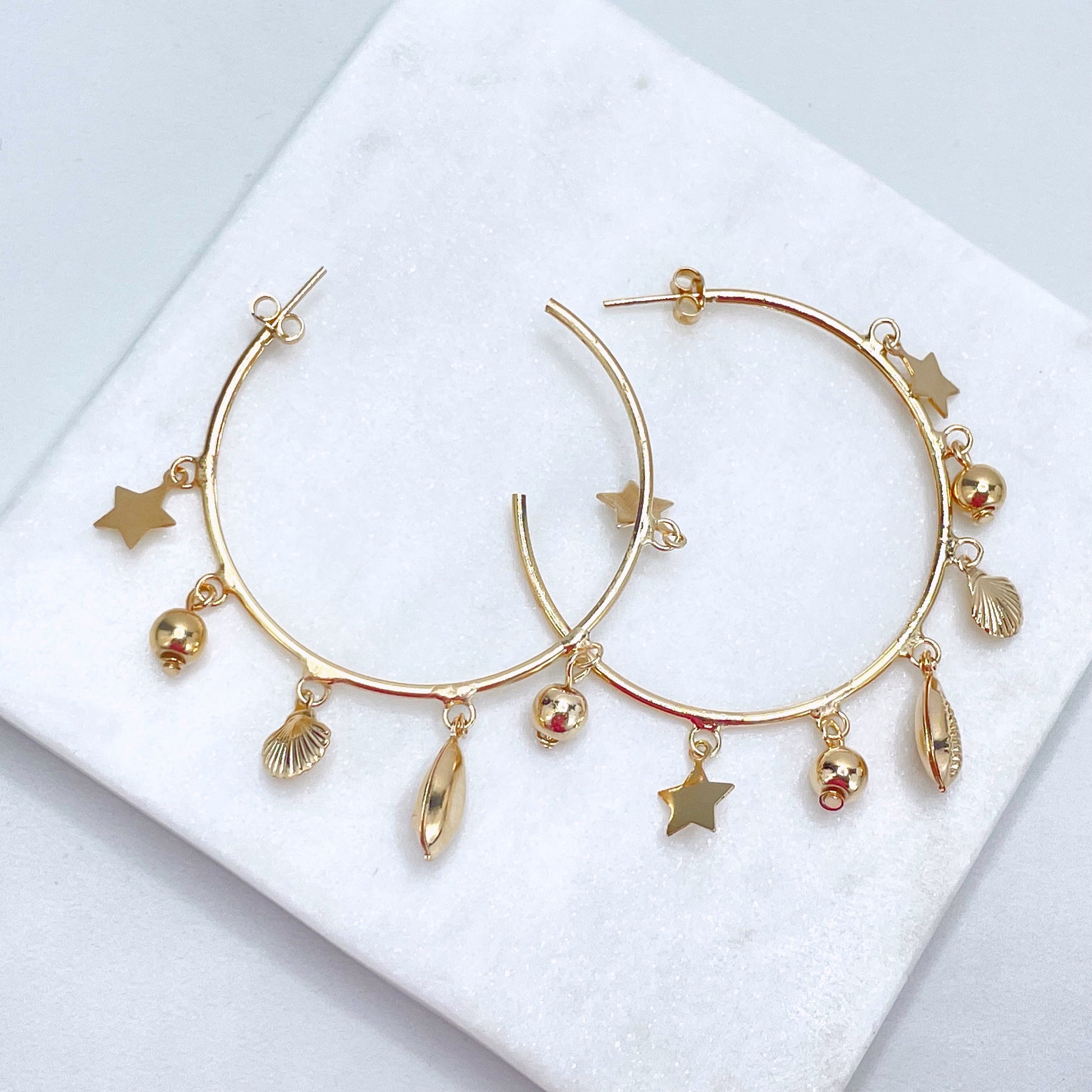 18k Gold Filled 50mm C-Hoops Sea Marine Theme Earrings with Stars, Cowry Shell, Balls Charms, Wholesale Jewelry Making Supplies