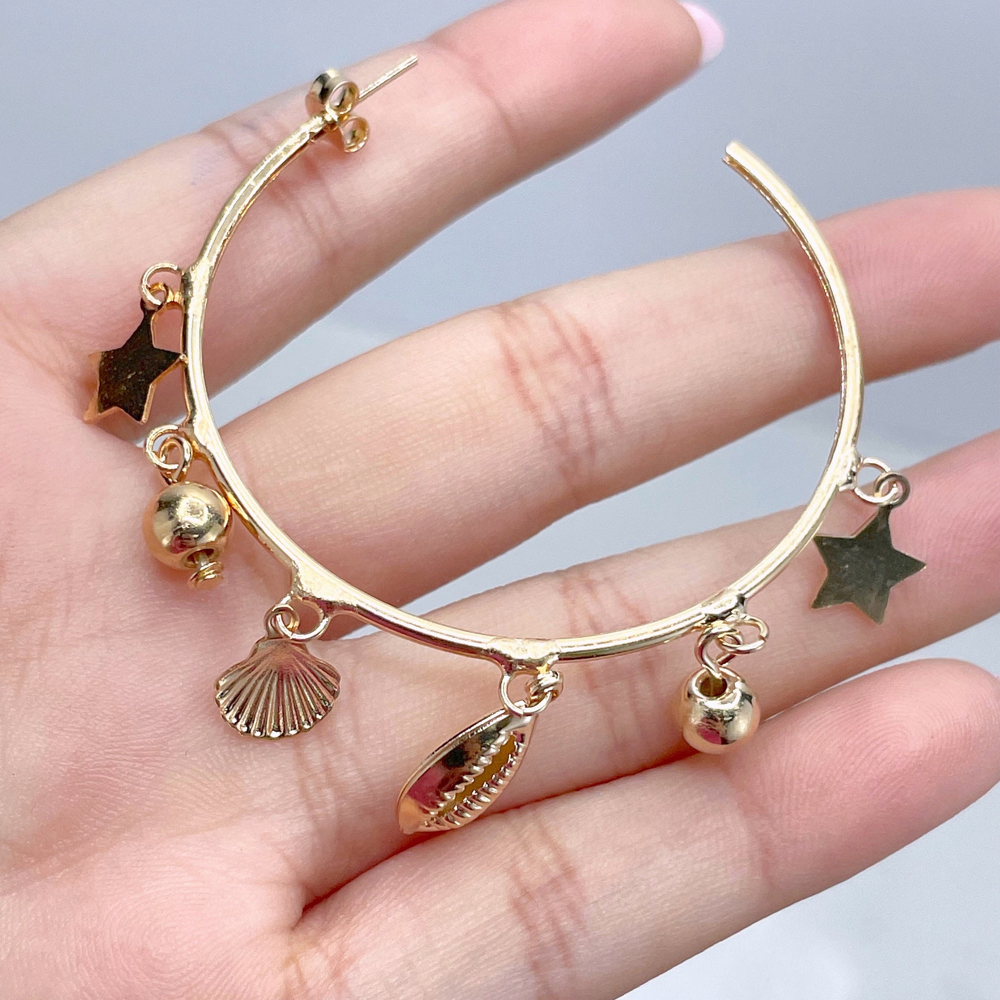 18k Gold Filled 50mm C-Hoops Sea Marine Theme Earrings with Stars, Cowry Shell, Balls Charms, Wholesale Jewelry Making Supplies