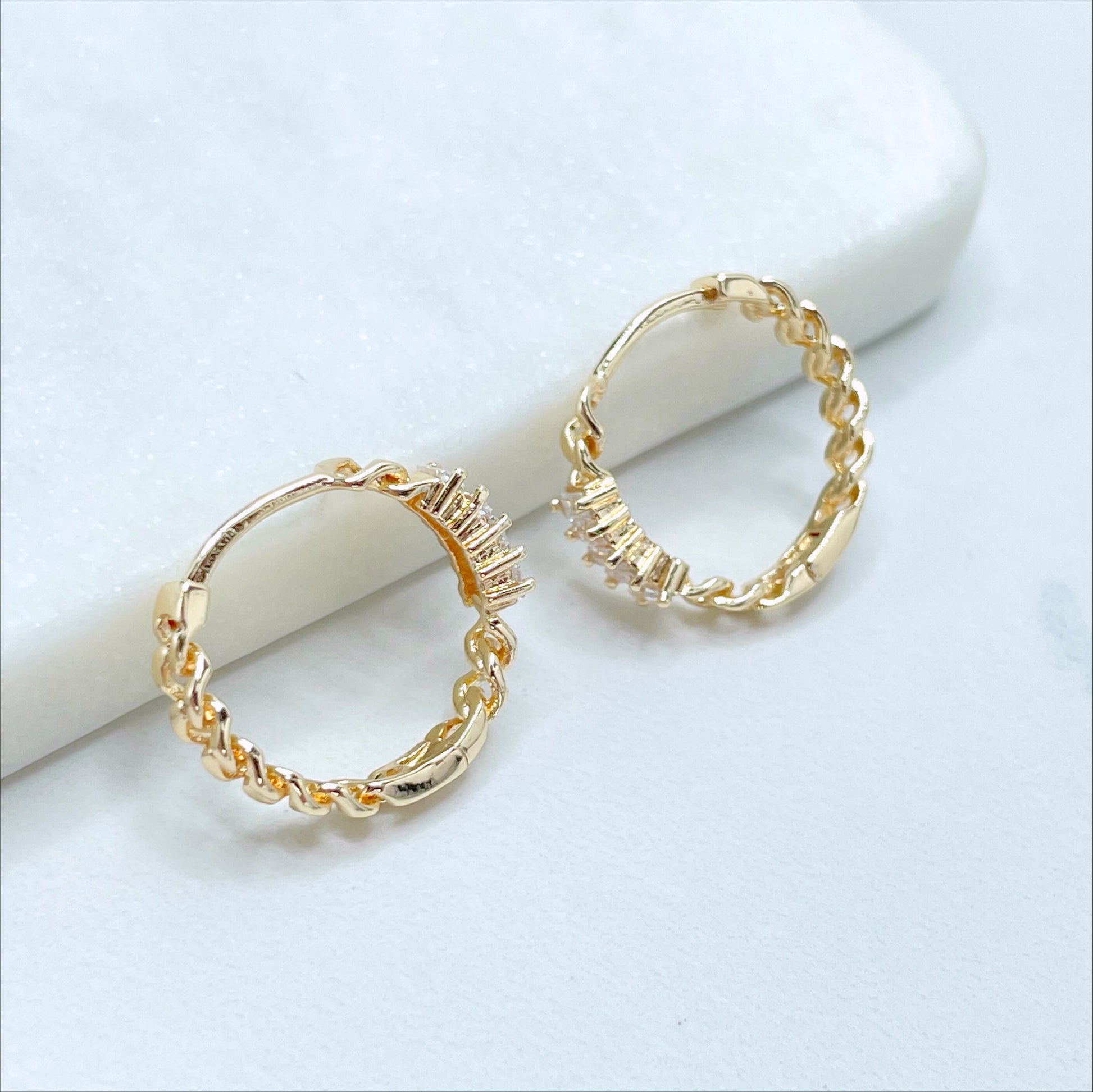 18k Gold Filled 4mm Thickness, with Cubic Zirconia 3mm Curb Link, 20mm, Hoop Earrings Wholesale Jewelry Making Supplies