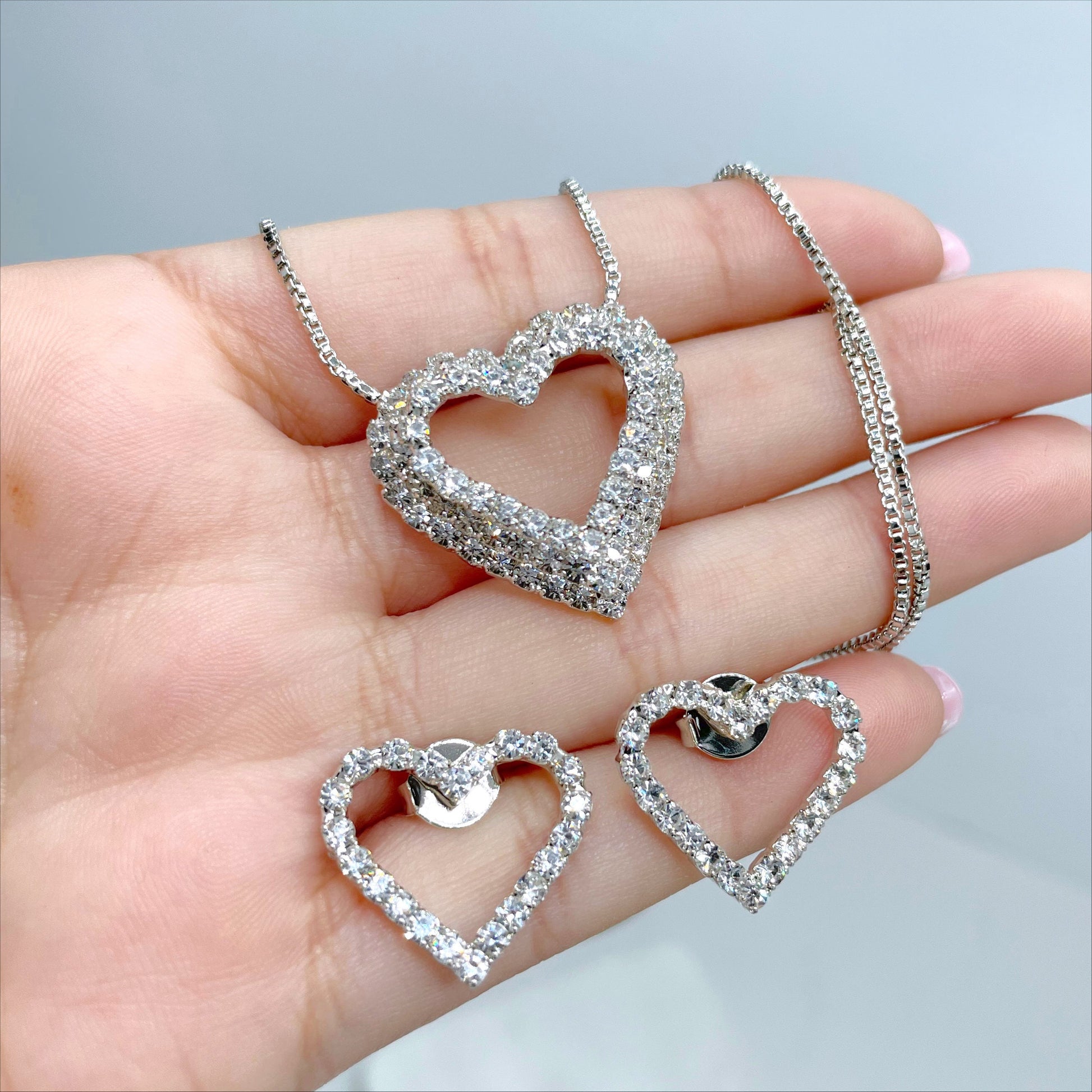 18k Gold Filled or White Gold Filled 1mm Box Chain with CZ Fancy Heart Design Set Necklace & Earrings Wholesale Jewelry Supplies