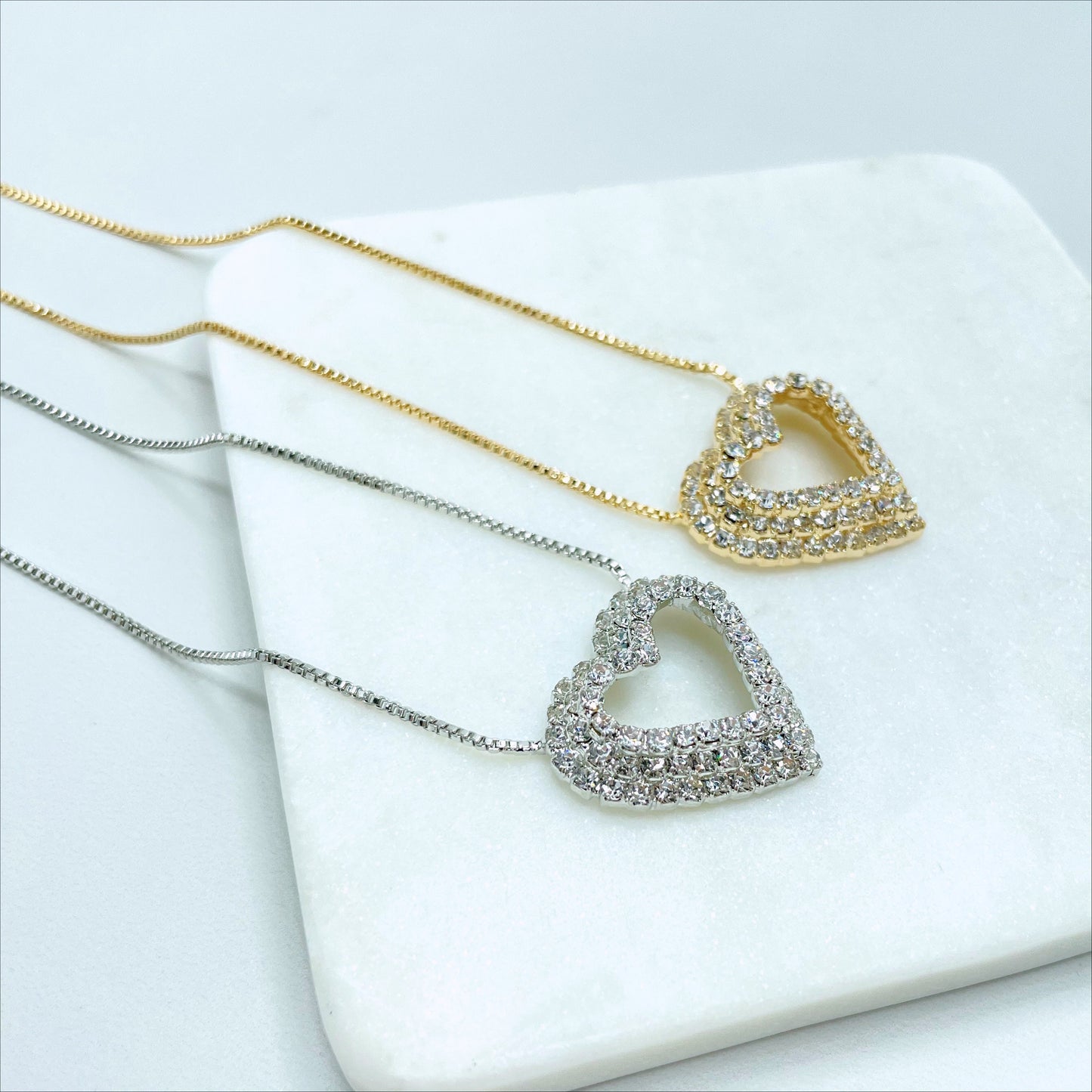 18k Gold Filled or White Gold Filled 1mm Box Chain with CZ Fancy Heart Design Set Necklace & Earrings Wholesale Jewelry Supplies