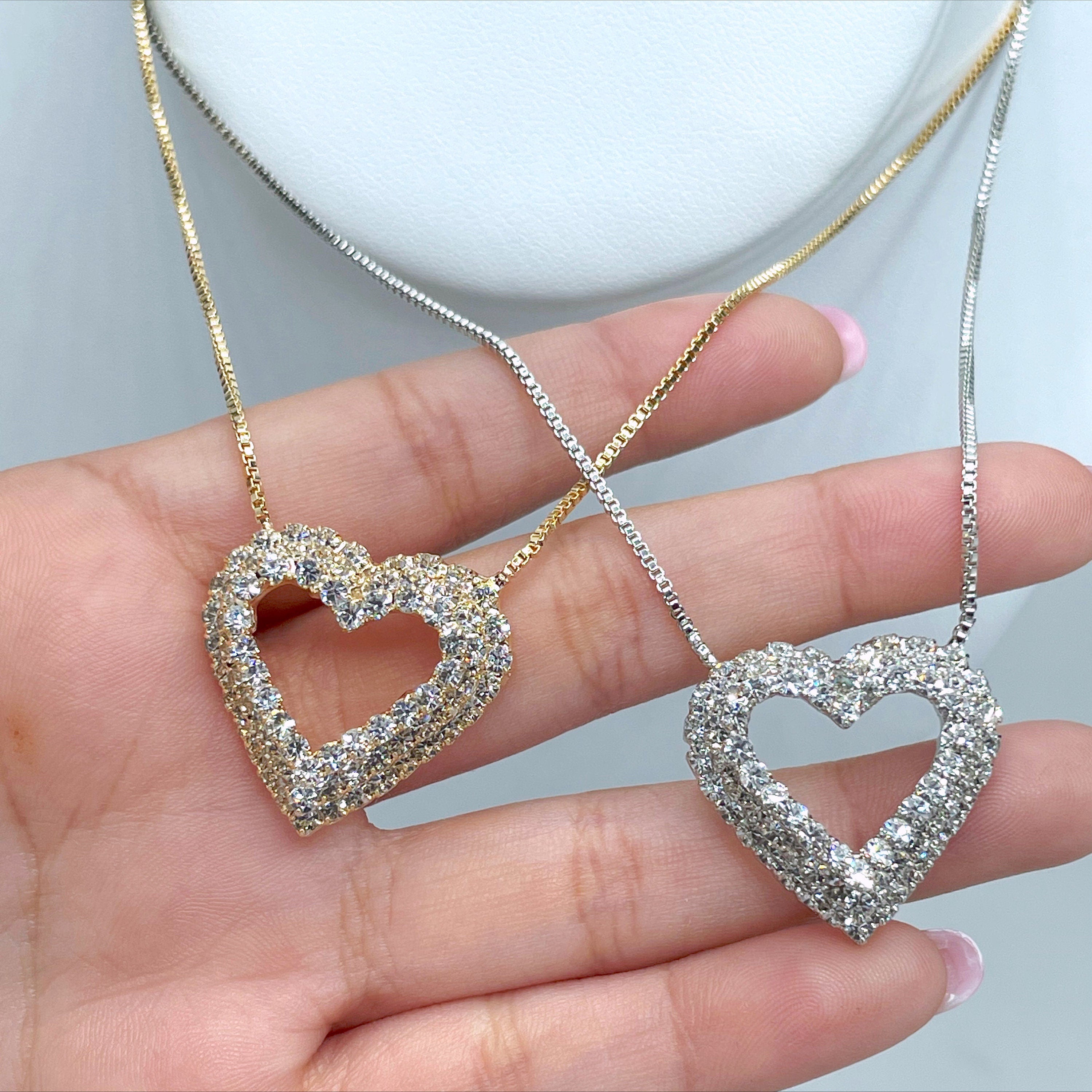 18k Gold Filled or White Gold Filled 1mm Box Chain with CZ Fancy Heart  Design Set Necklace & Earrings Wholesale Jewelry Supplies