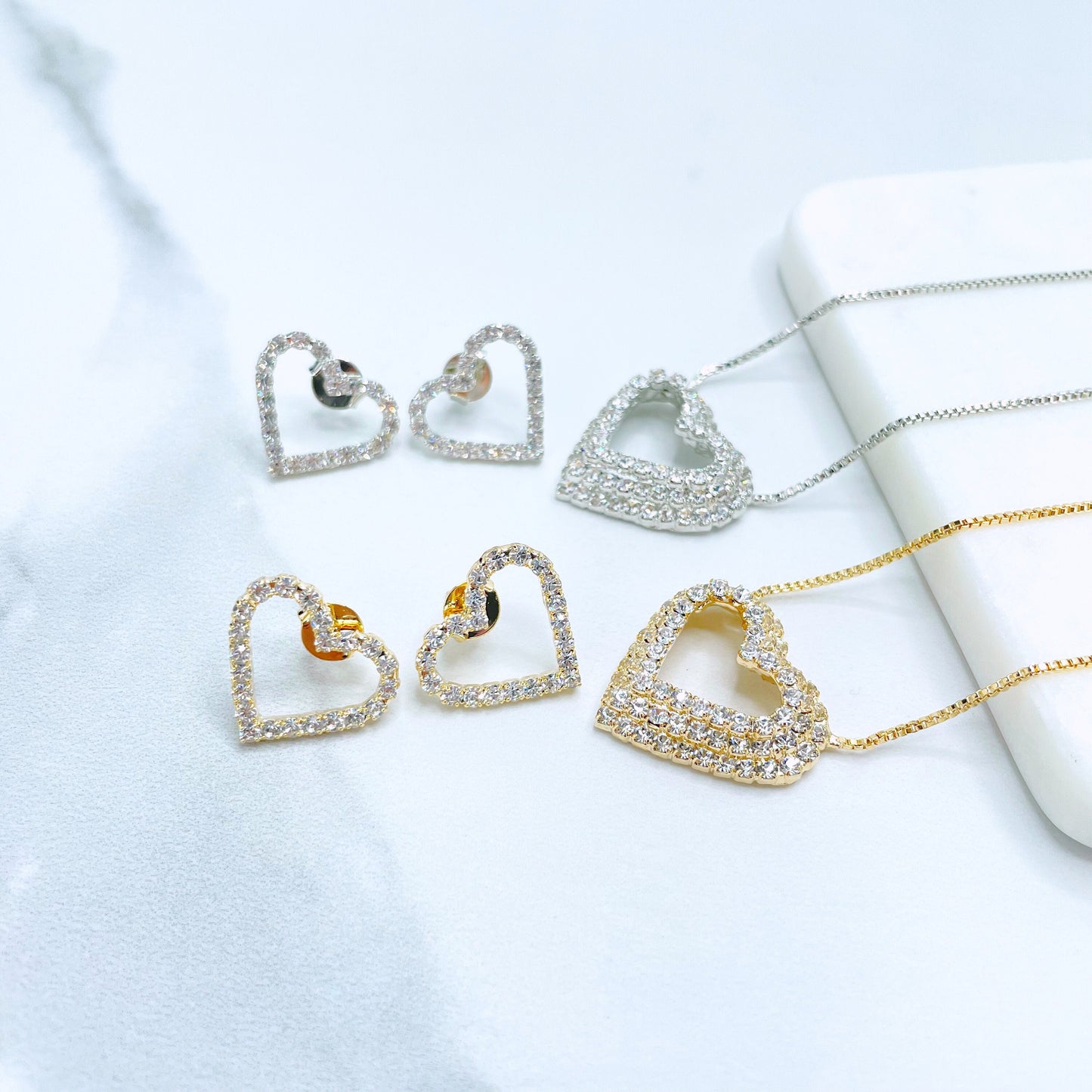 18k Gold Filled or White Gold Filled 1mm Box Chain with CZ Fancy Heart Design Set Necklace & Earrings Wholesale Jewelry Supplies