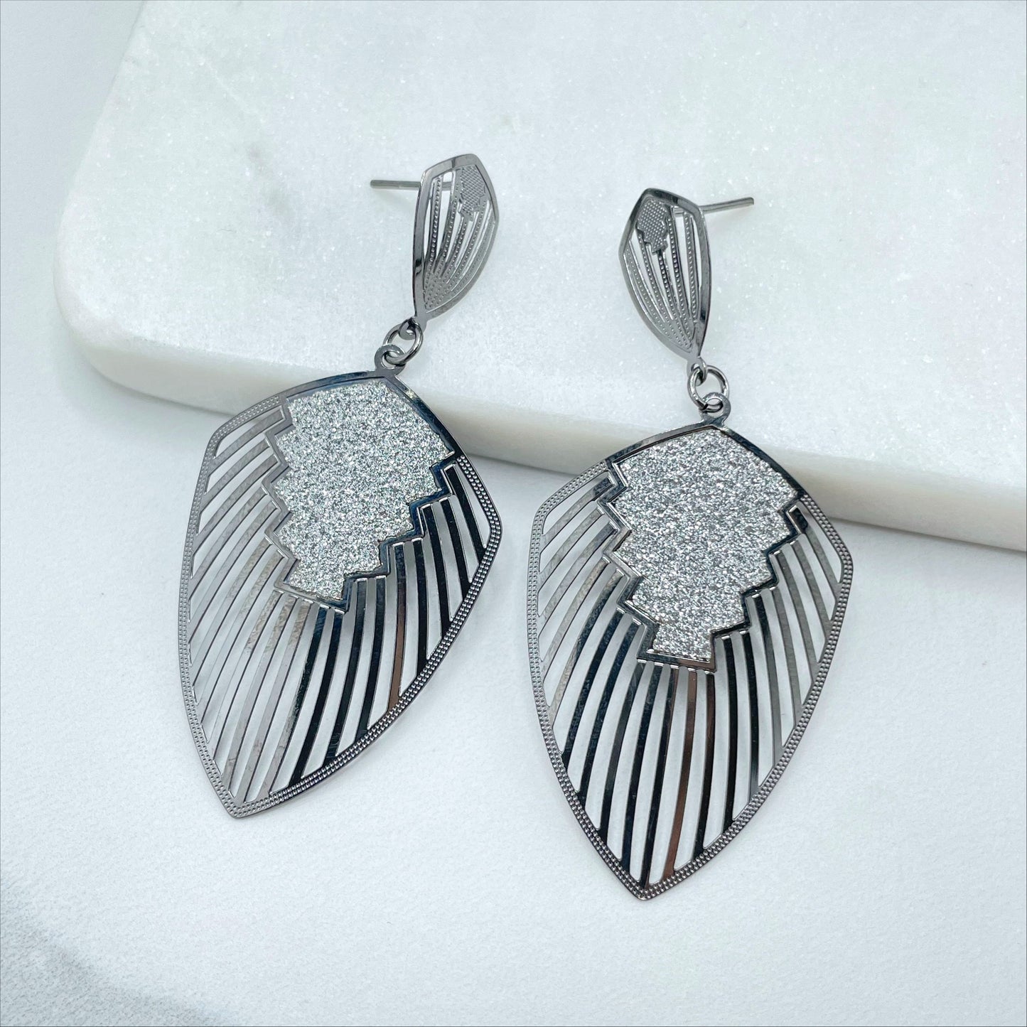 Rhodium Plated Oval Silver Shine Drop Earrings Wholesale Jewelry Making Supplies